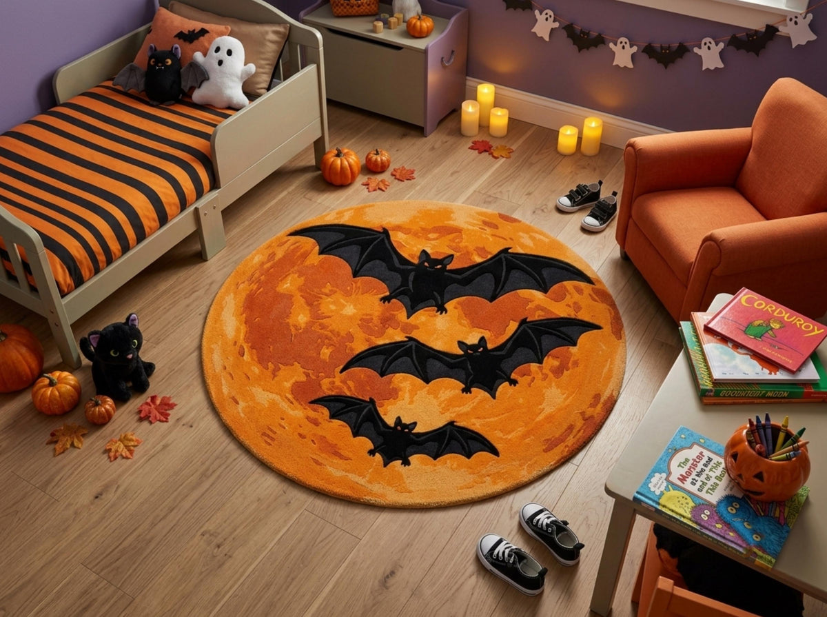 Halloween Bat Rug, Hand Tufted New Zealand Wool, Orange Moon Area Rug, Spooky Gothic Decor, Bat Lover Gift, Fall Home Accent Decor!