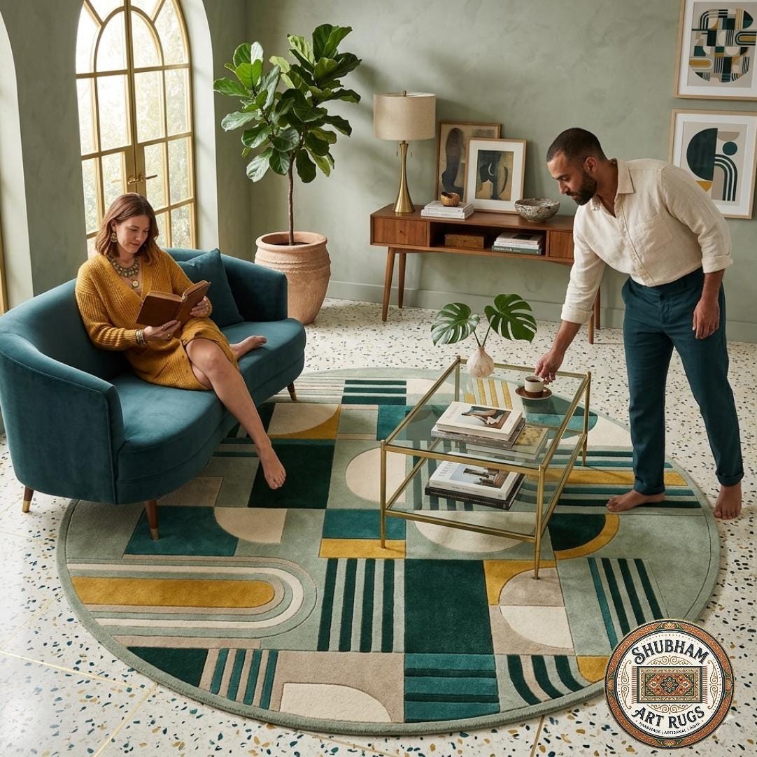 Sage Geometry Hand Tufted Wool Rug, Mid Century Modern Abstract Carpet