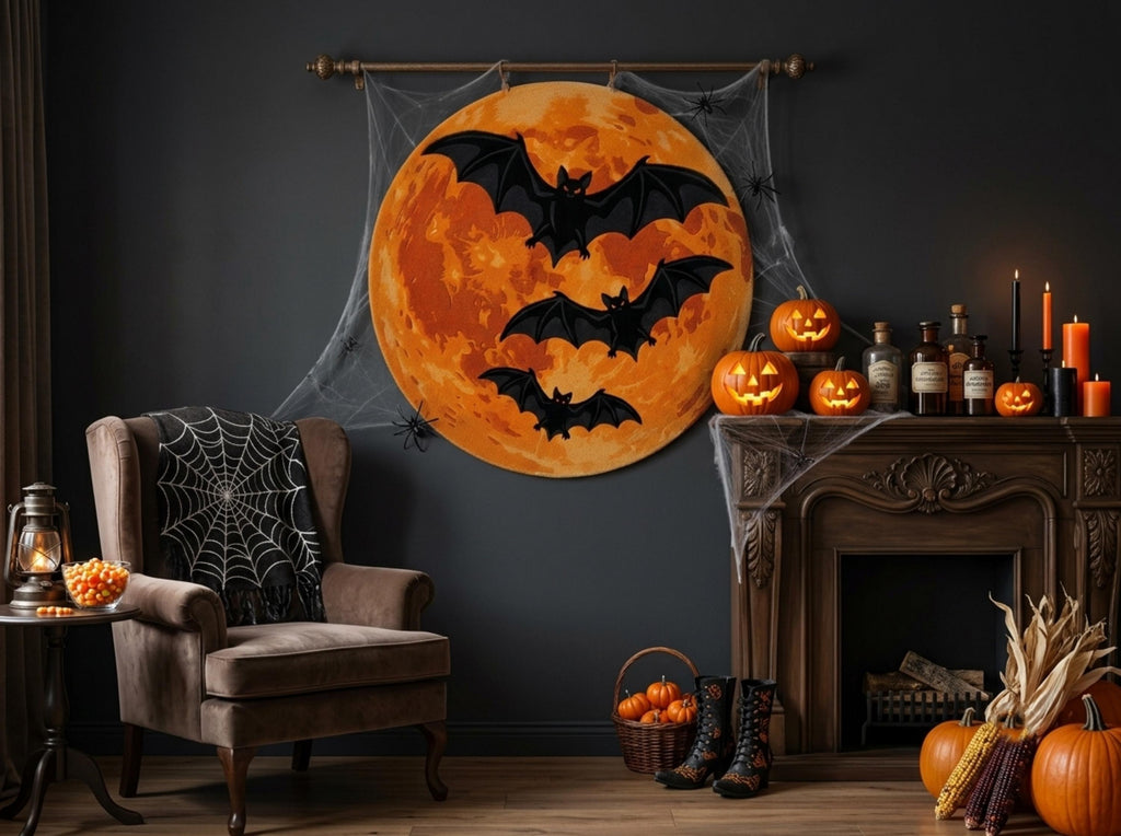Halloween Bat Rug, Hand Tufted New Zealand Wool, Orange Moon Area Rug, Spooky Gothic Decor, Bat Lover Gift, Fall Home Accent Decor!