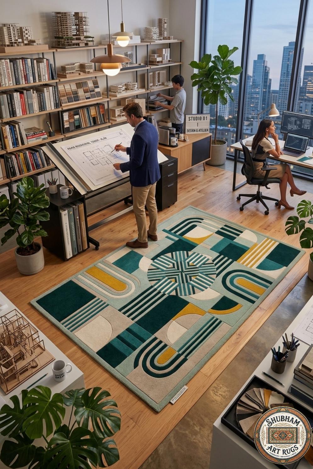 Hand Tufted Wool Rug, Modern Geometric Abstract Carpet, Green Cream Mustard, Custom Size