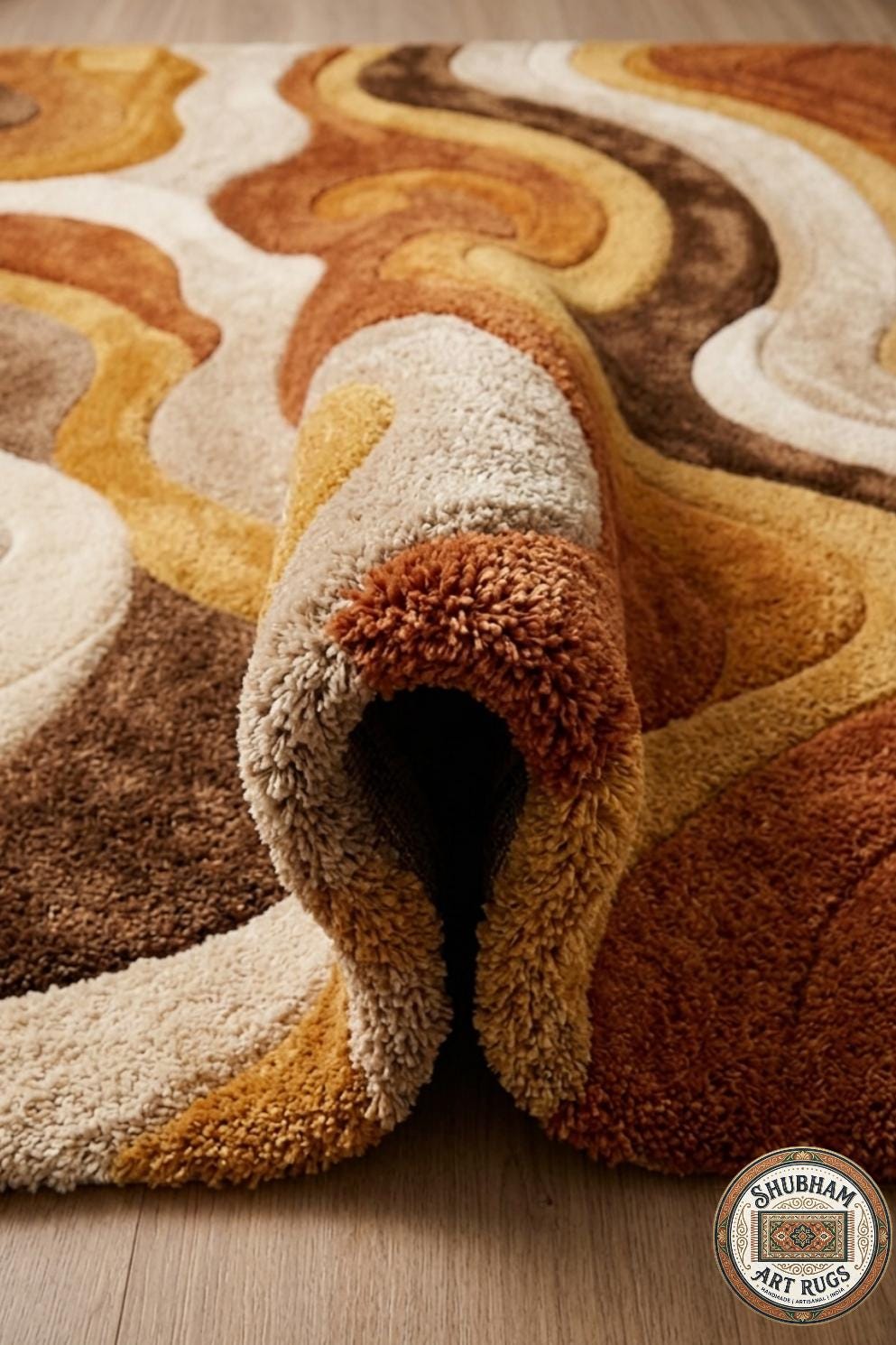 Hand Tufted Wool Rug: Retro Wave Abstract Design, Living Room Bedroom Carpet