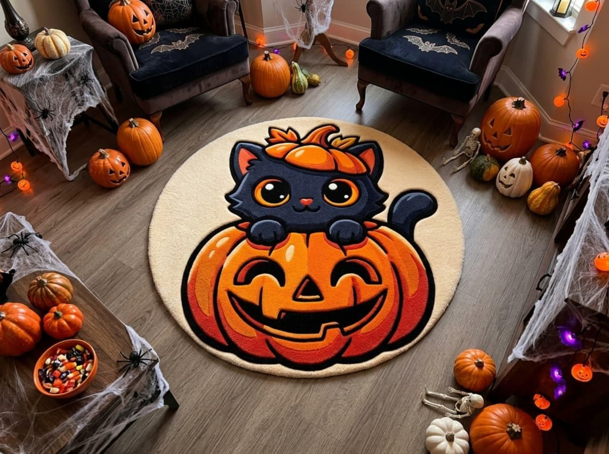 Hand Tufted Halloween Cat Pumpkin Rug, New Zealand Wool Autumn Decor