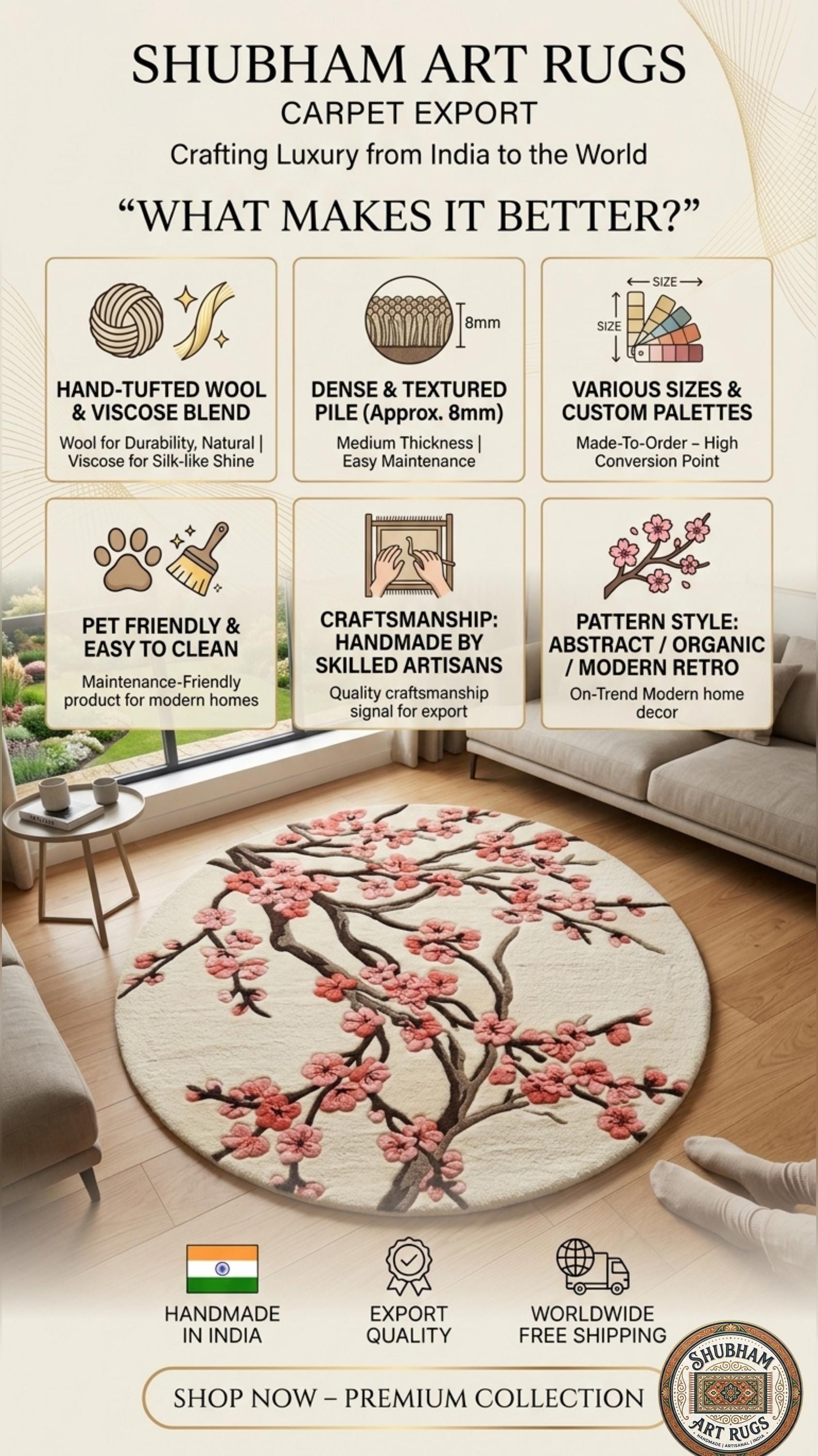 Hand Tufted Wool Cherry Blossom Rug, Sakura Floral Area Carpet, Luxury Decor