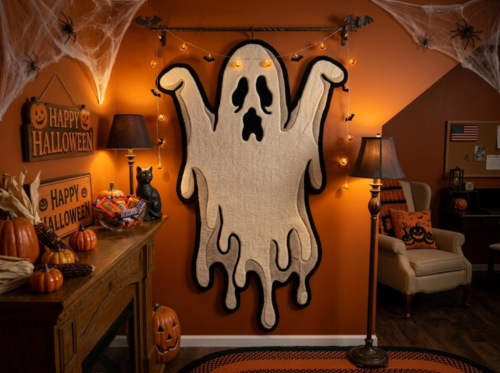 Hand Tufted New Zealand Wool Ghost Rug, Cream Black Halloween Area Rug