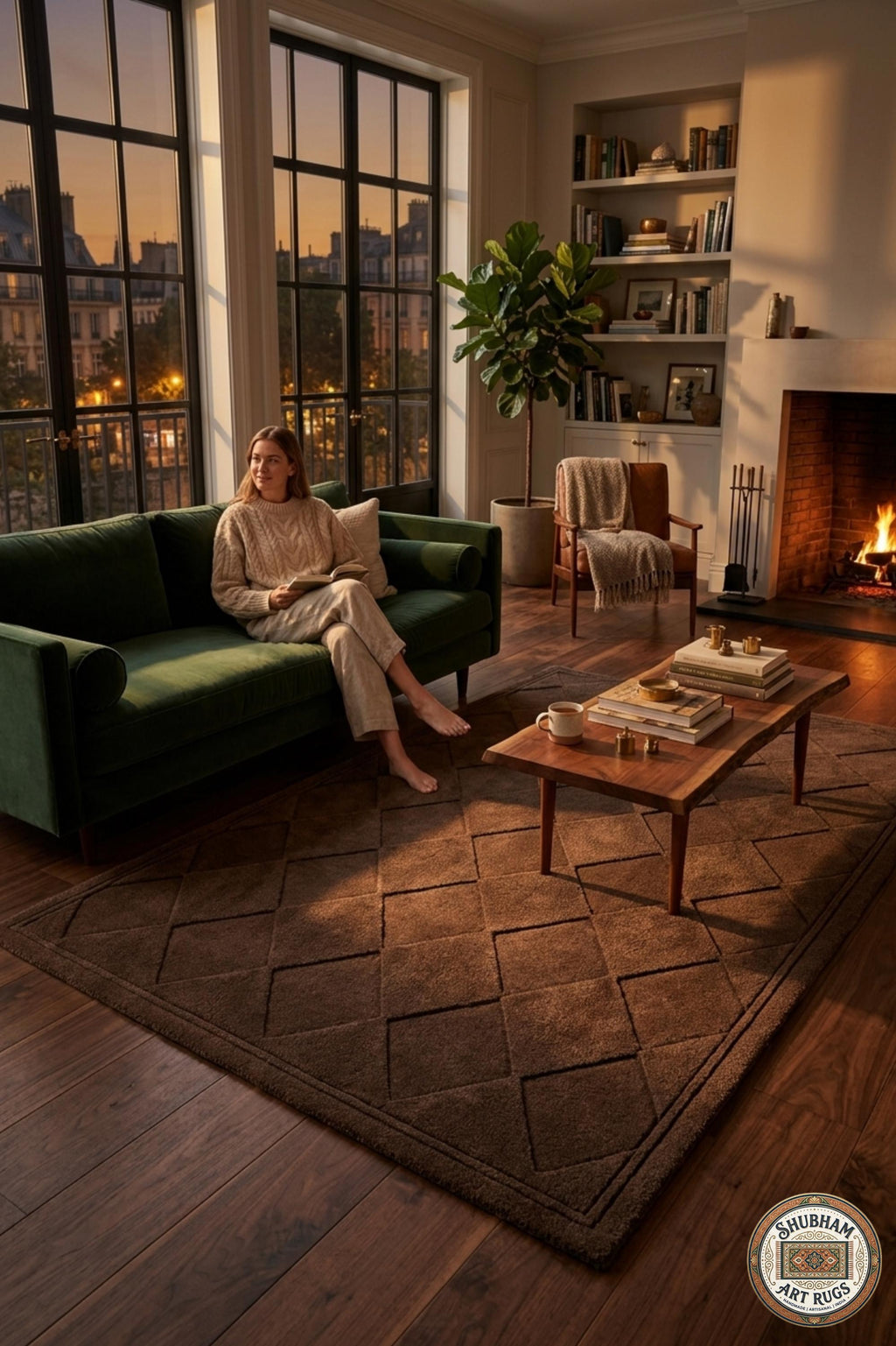 Hand Tufted Wool Rug: Brown Geometric Diamond Pattern, Plush Living Room Carpet