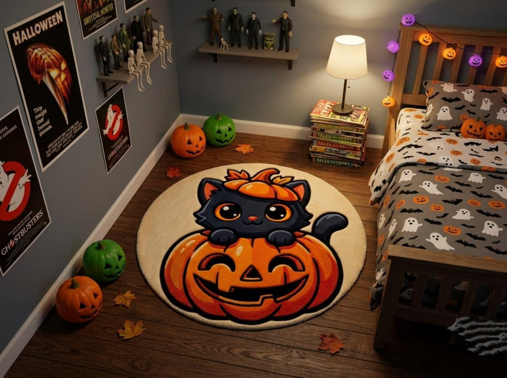 Hand Tufted Halloween Cat Pumpkin Rug, New Zealand Wool Autumn Decor