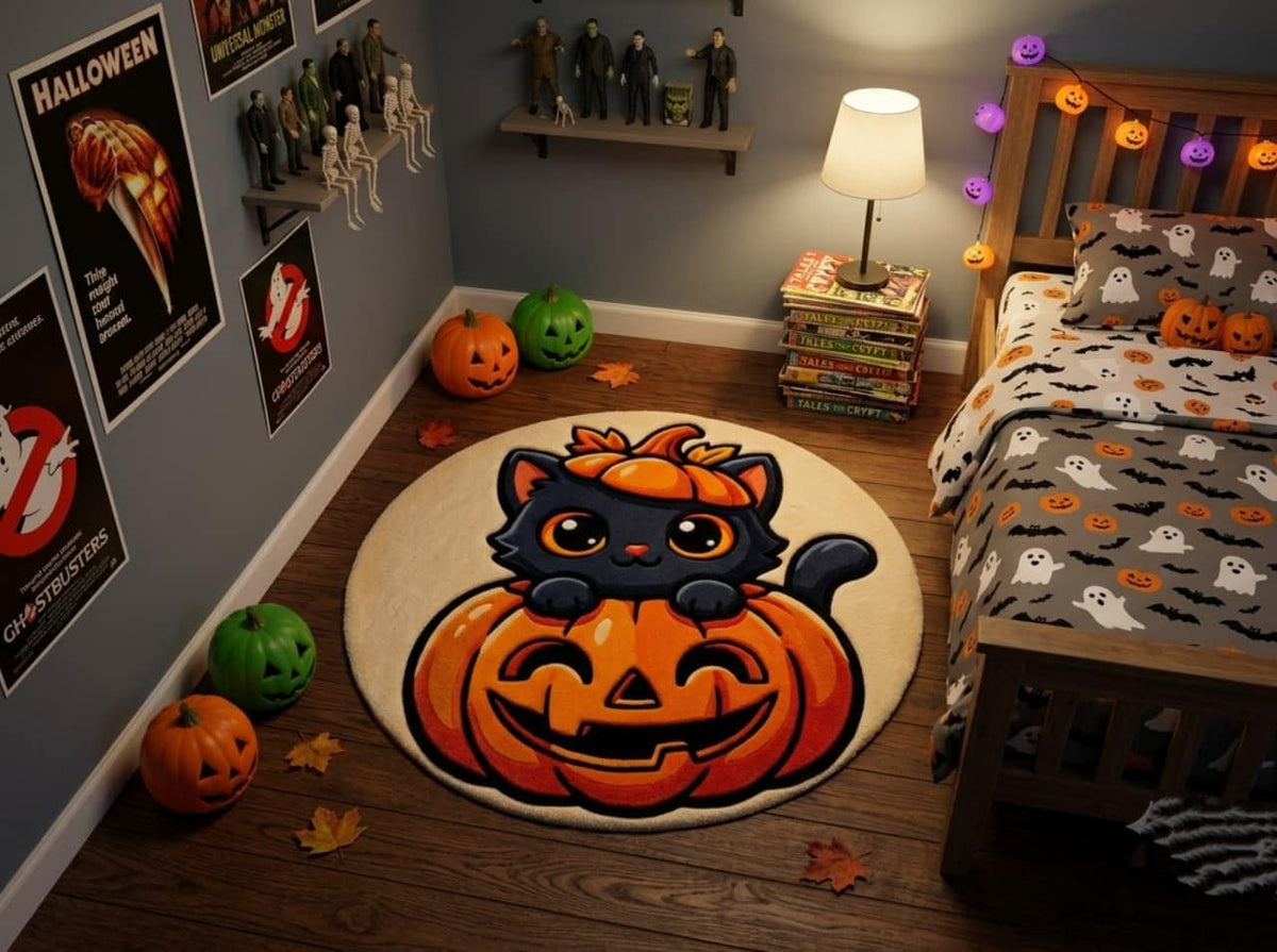 Hand Tufted Halloween Cat Pumpkin Rug, New Zealand Wool Autumn Decor