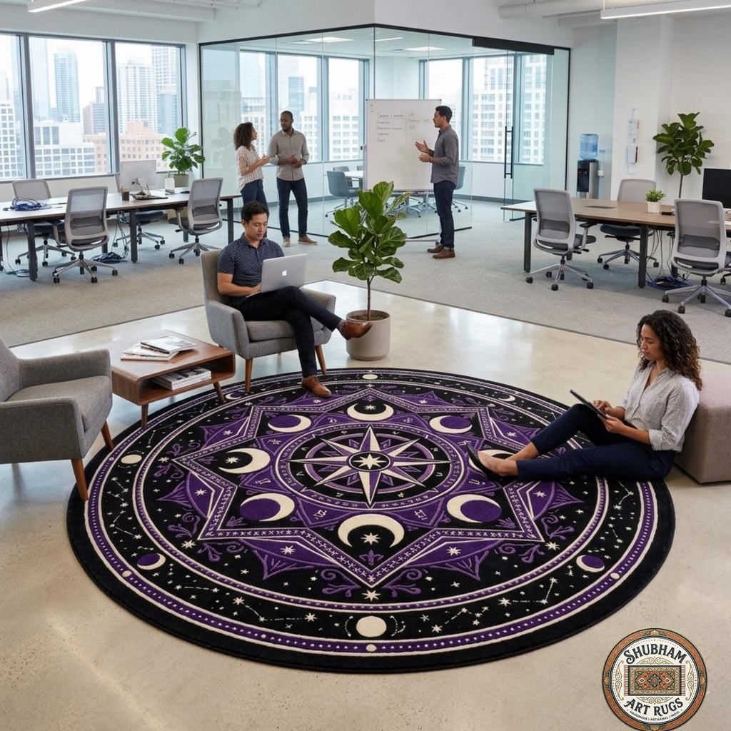 Hand Tufted Wool Celestial Rug, Purple Moon Star Carpet, Gothic Astrology Round Area Rug