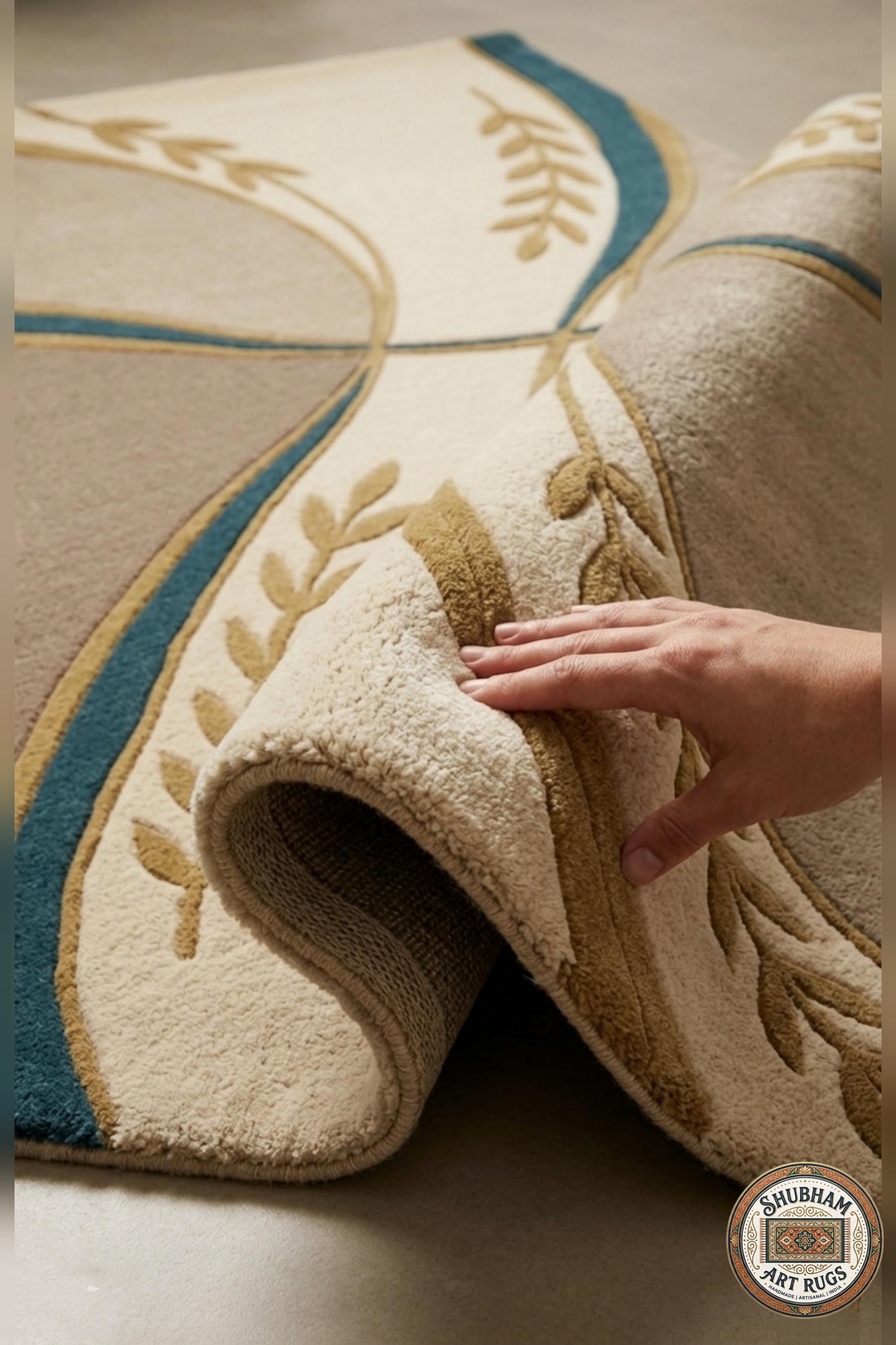 Alfombra de Lana Tufting Manual, Diseño Abstracto Moderno Beige Turquesa Oro, Alfombra para Sala de Estar Dormitorio