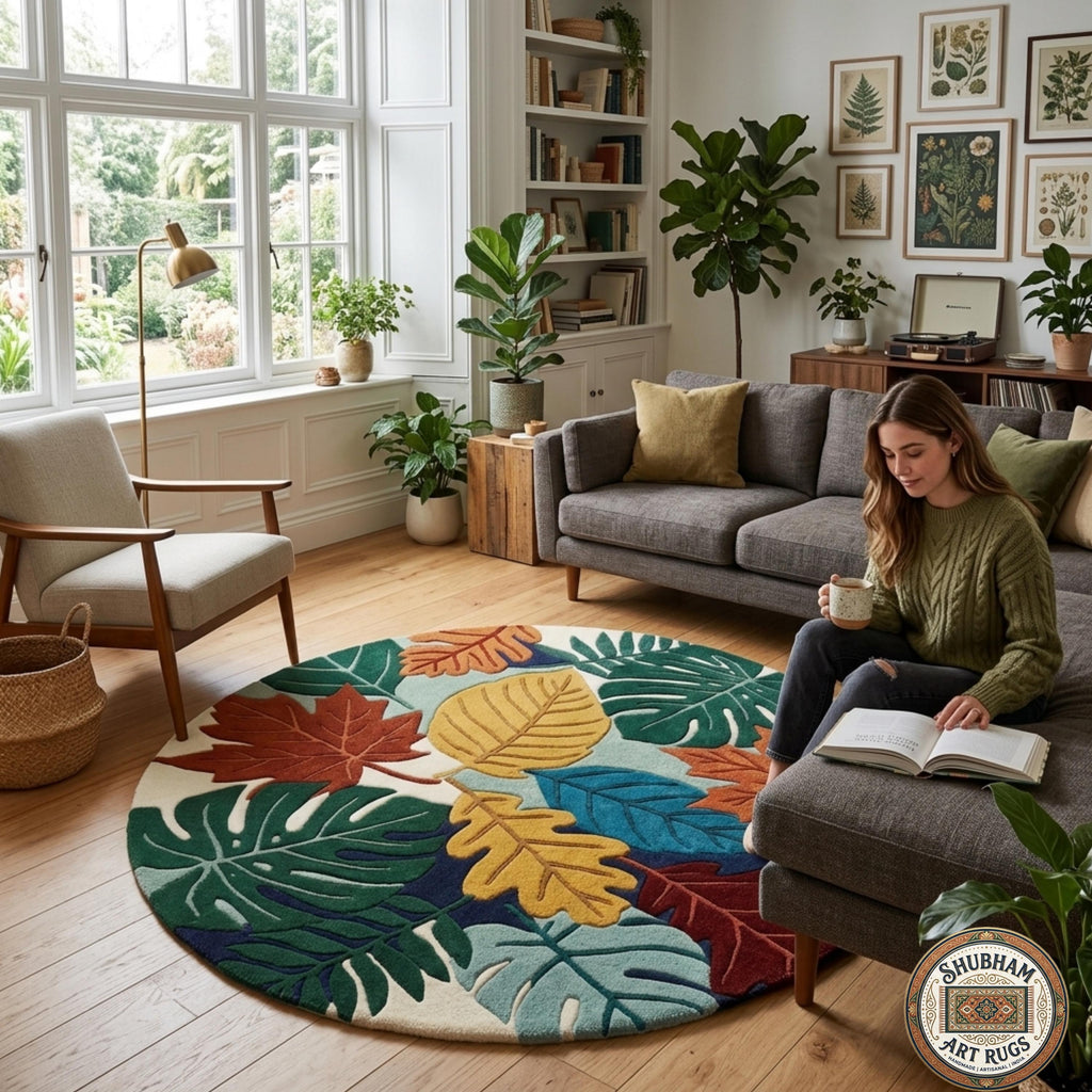 Hand Tufted Leaf Rug, Wool Botanical Carpet, Nature Area Rug, Custom Size