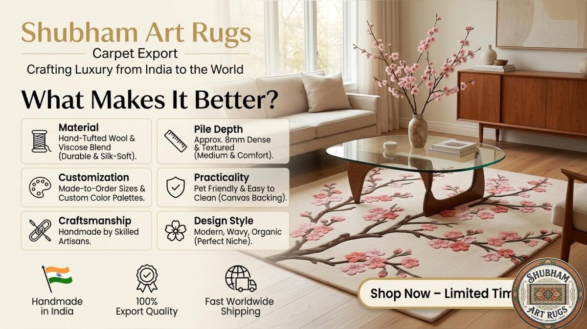 Hand Tufted Wool Cherry Blossom Rug, Floral Sakura Carpet, Shubham Art Rugs