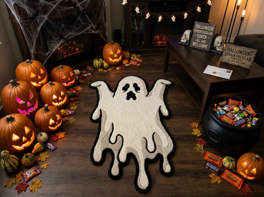 Hand Tufted New Zealand Wool Ghost Rug, Cream Black Halloween Area Rug