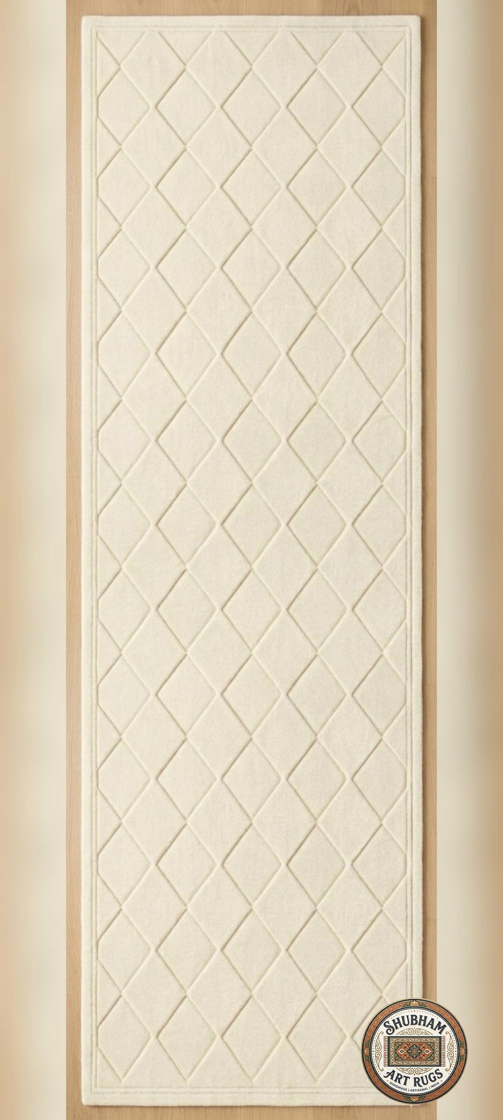Hand Tufted Wool Rug: Ivory Geometric Diamond, Plush Modern Carpet