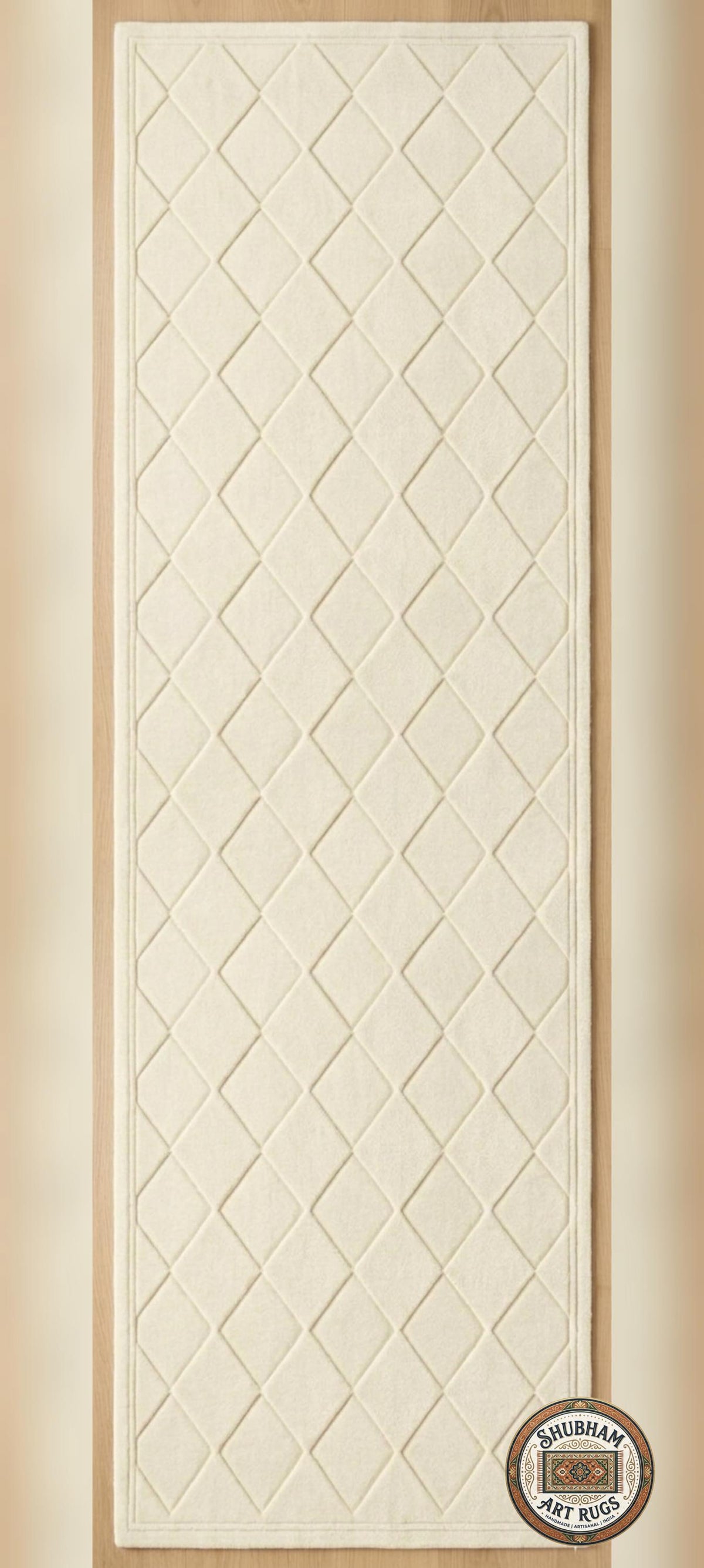 Hand Tufted Wool Rug: Ivory Geometric Diamond, Plush Modern Carpet