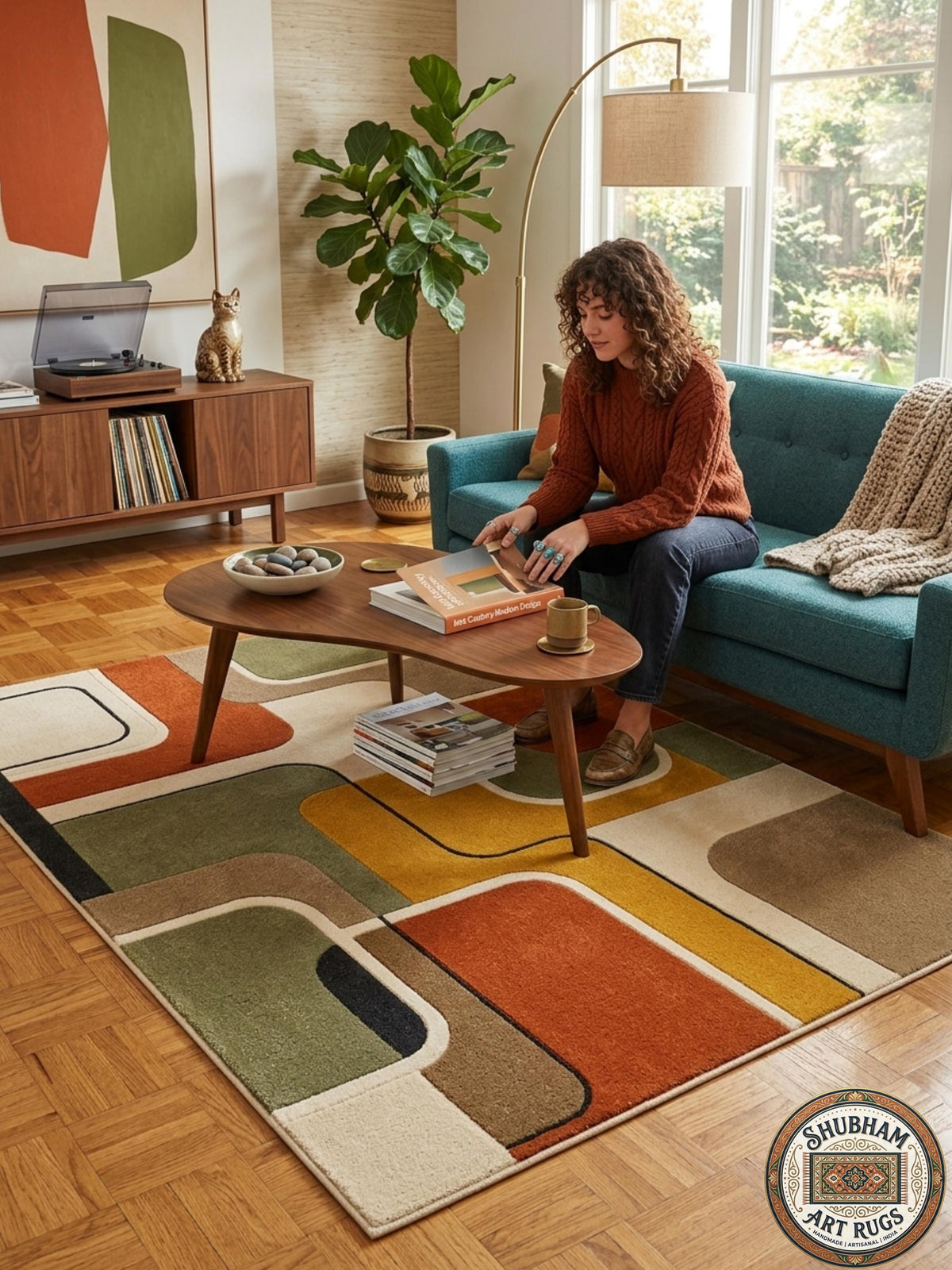 Hand Tufted Wool Rug, Mid Century Modern Abstract Geometric Carpet, Retro Runner