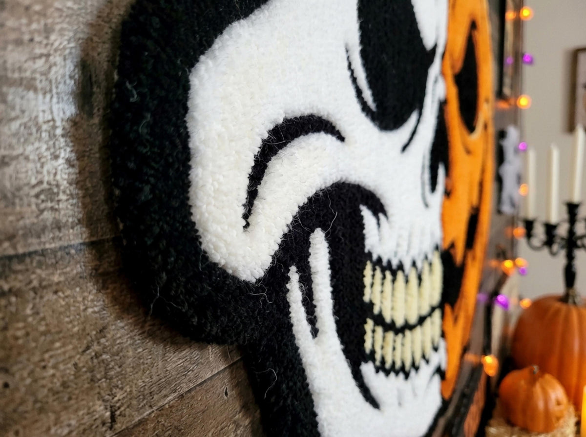 Hand Tufted Skull Pumpkin Halloween Wool Rug, Gothic Fall Decor Minimalist Living Room Carpet