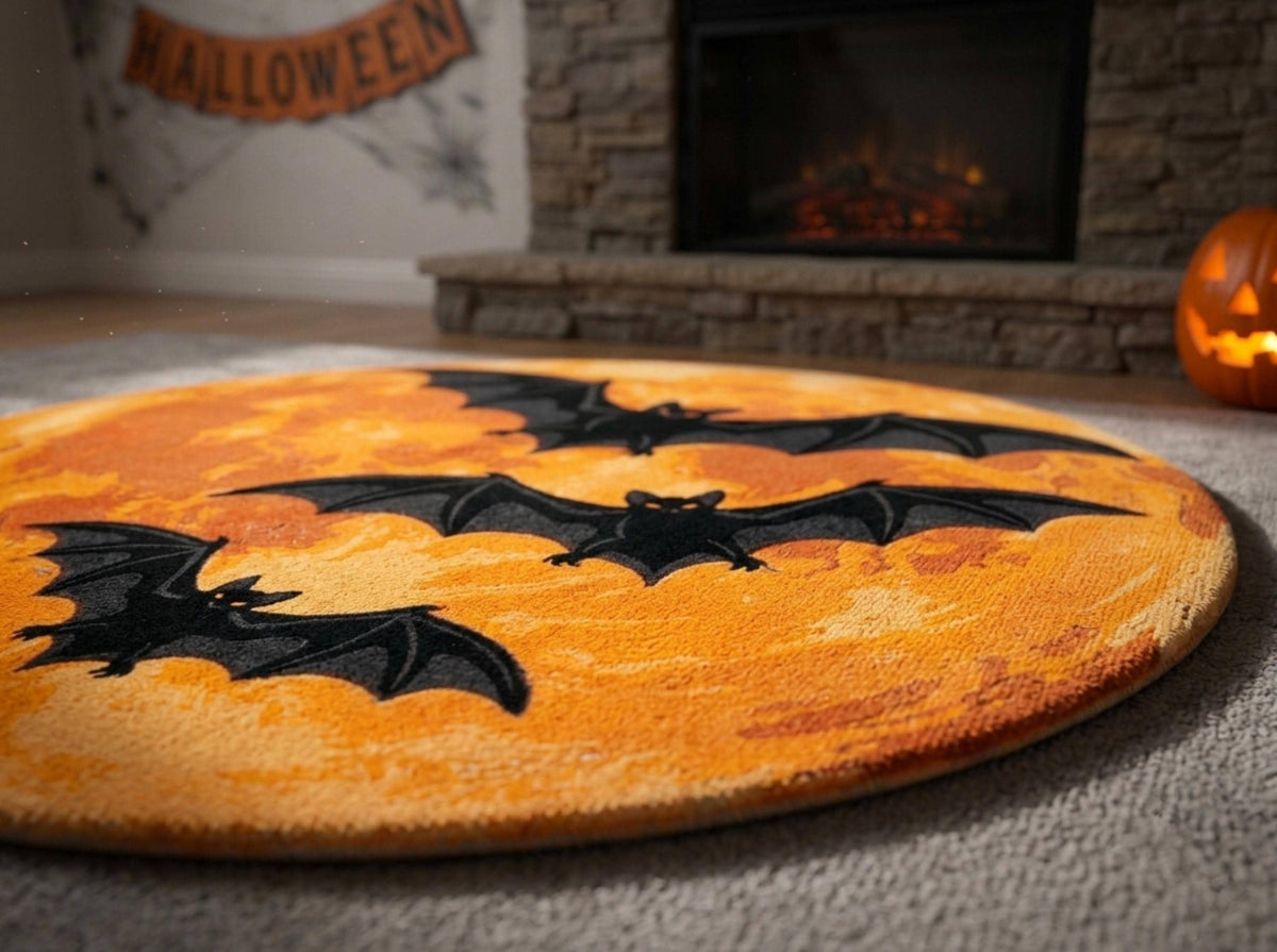 Halloween Bat Rug, Hand Tufted New Zealand Wool, Orange Moon Area Rug, Spooky Gothic Decor, Bat Lover Gift, Fall Home Accent Decor!