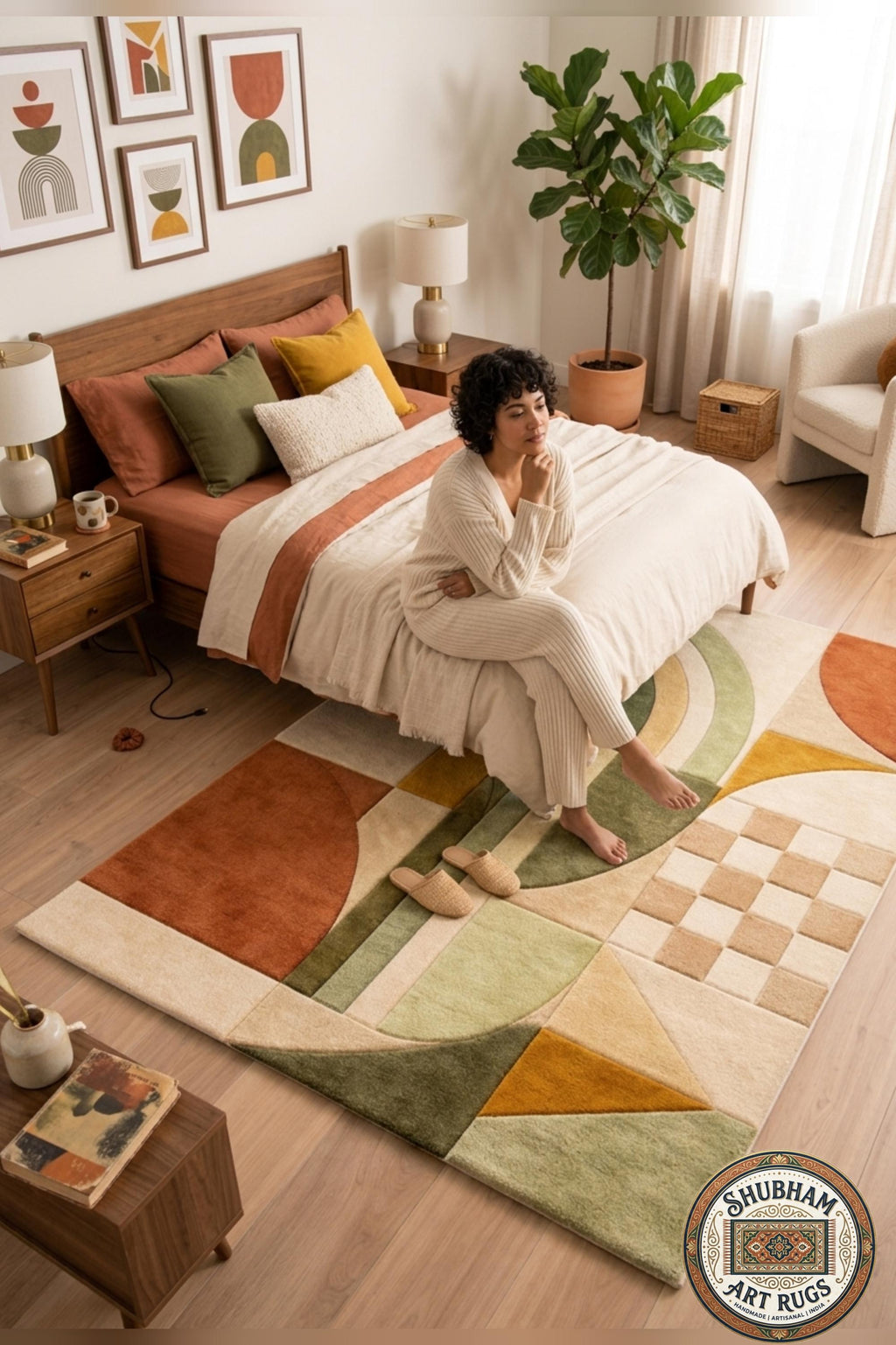 Hand Tufted Geometric Wool Rug, Abstract Boho Organic Carpet