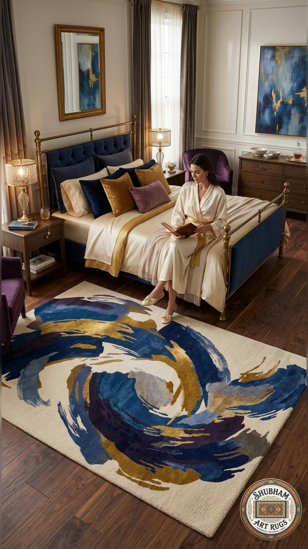 Abstract Blue Gold Wool Rug, Hand Tufted Modern Area Carpet, Custom Size