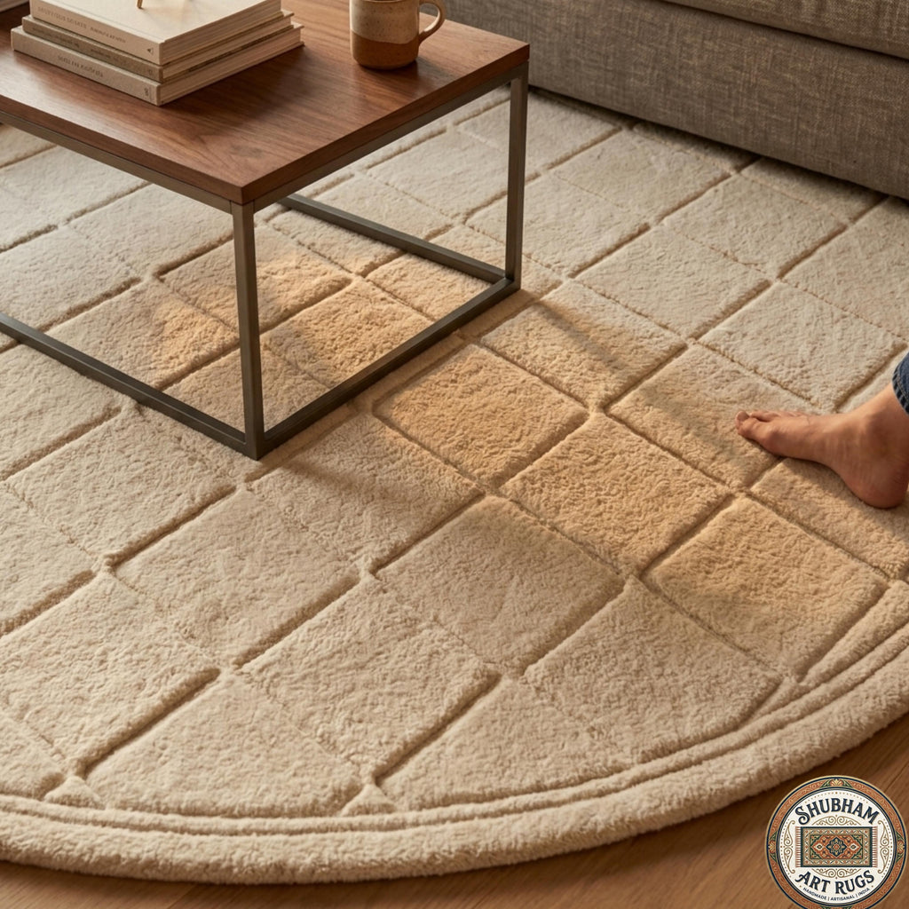Hand Tufted Wool Rug: Ivory Geometric Diamond, Plush Modern Carpet