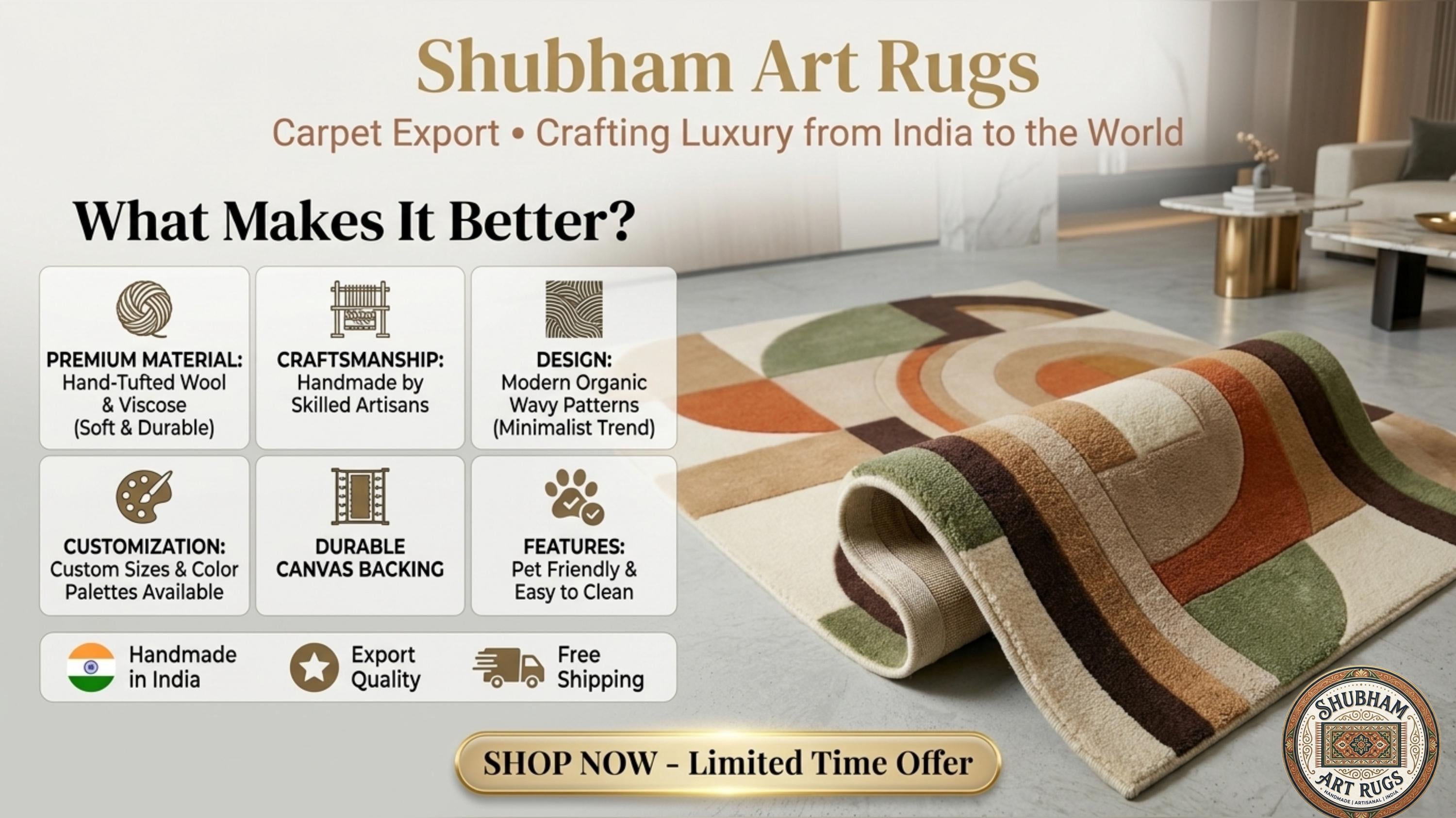 Hand Tufted Wool Rug, Modern Arch Abstract Geometric Carpet, Custom Size Living Room Bedroom