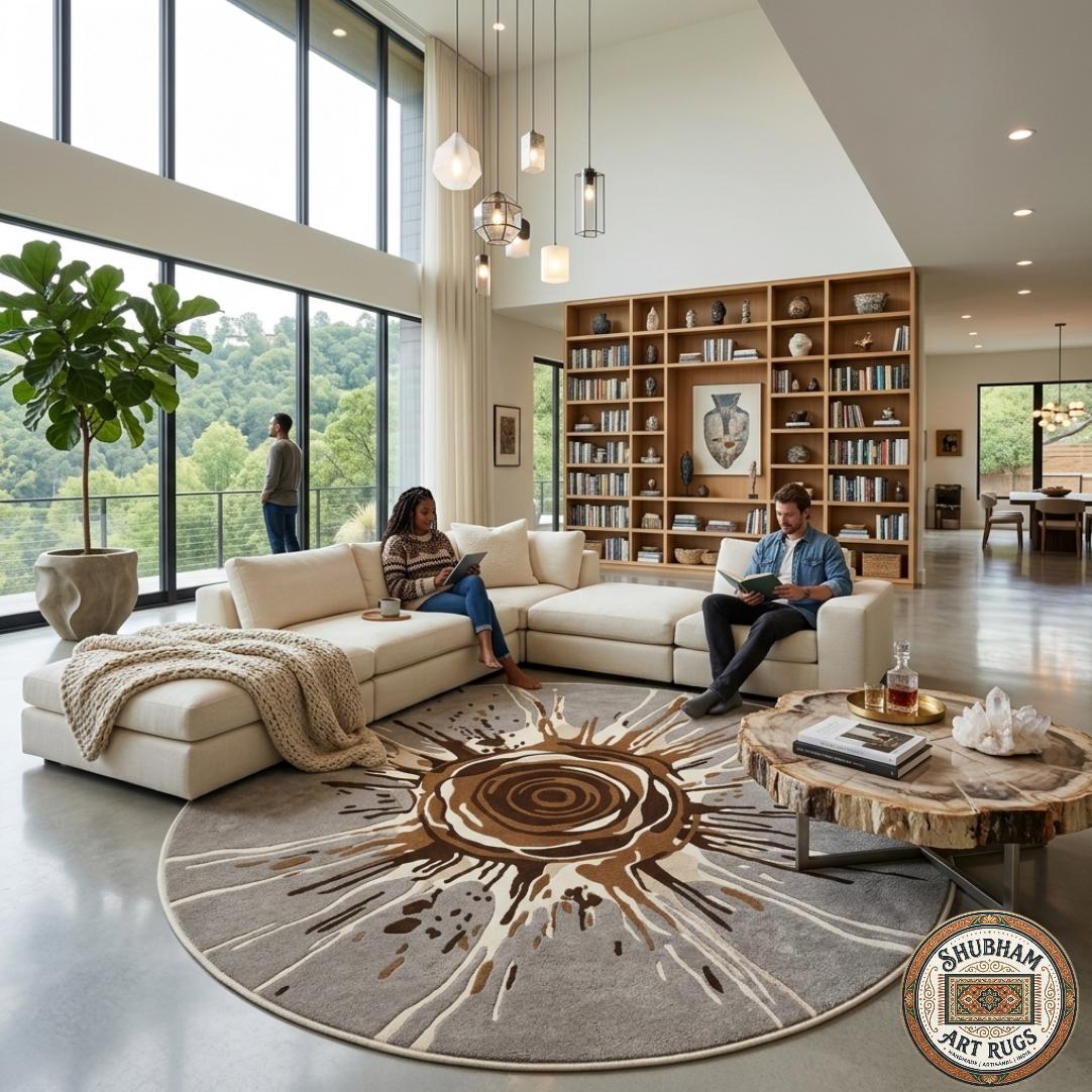 Hand Tufted Wool Rug: Modern Abstract Sunburst Design Carpet – Living Room, Bedroom