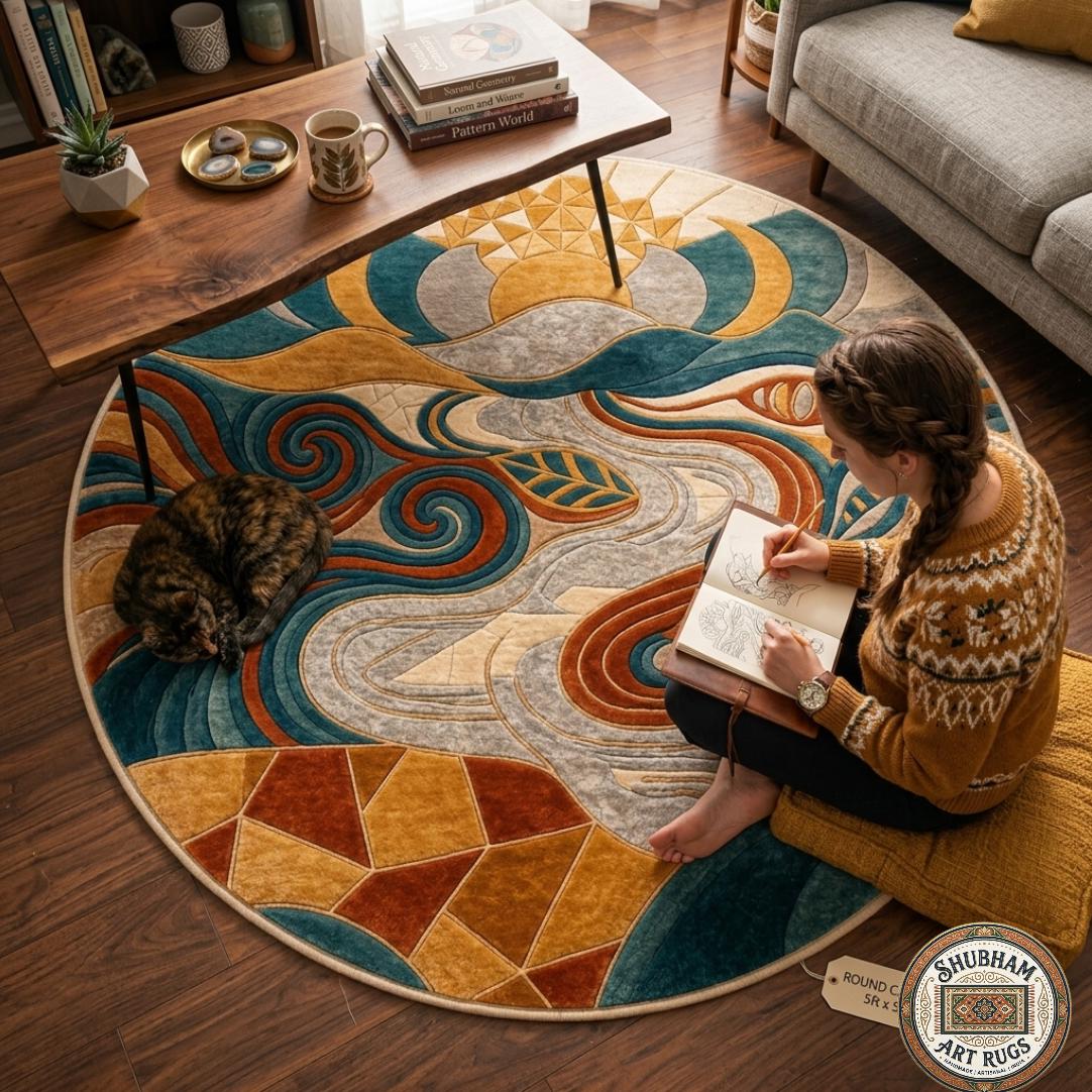 Hand Tufted Wool Rug, Abstract Geometric Mid Century Carpet, Boho Living Room Floor Decor