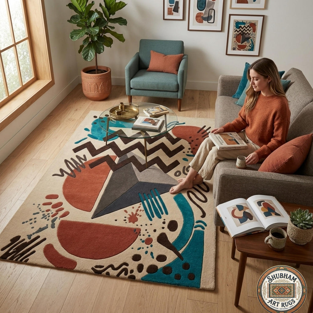 Hand Tufted Wool Rug, Abstract Geometric Mid Century Carpet, Living Room Area Rug