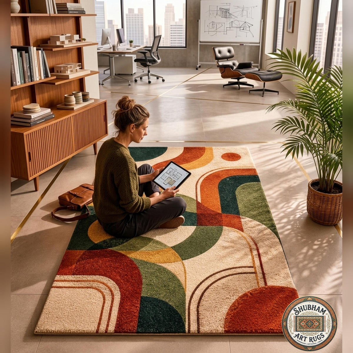 Hand Tufted Wool Rug, Modern Retro Abstract Geometric Carpet, Living Room Decor