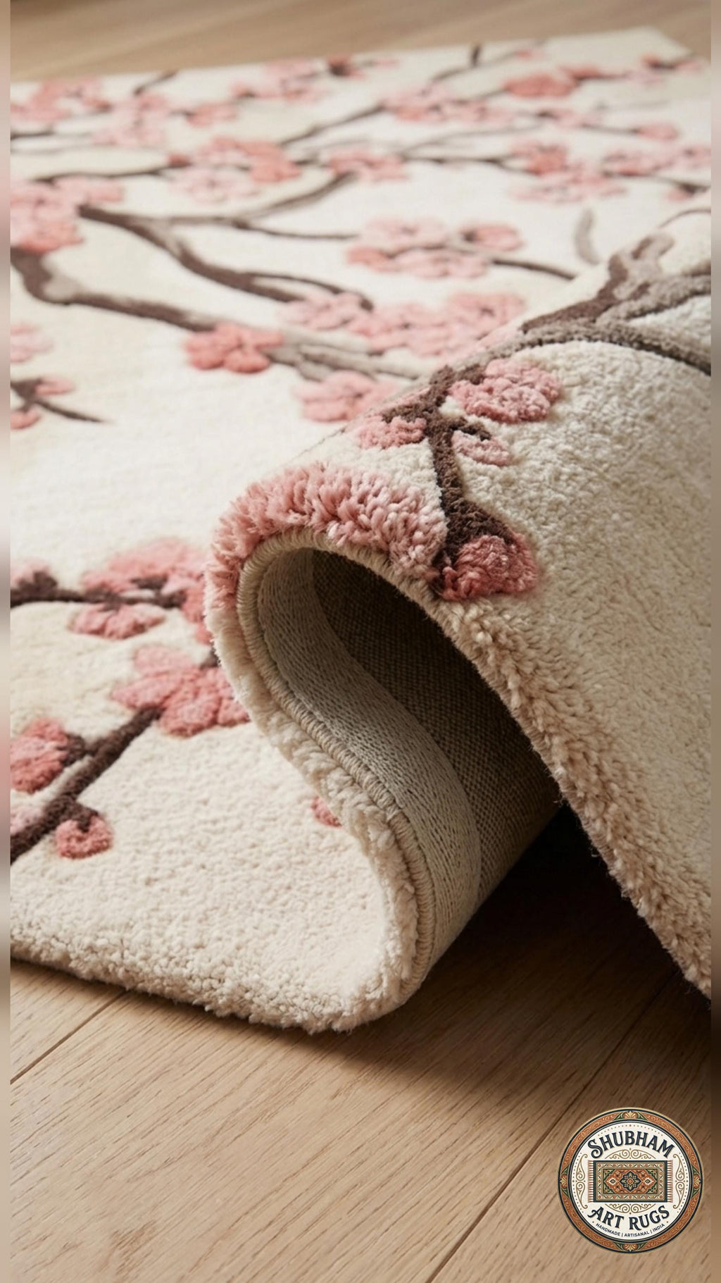 Hand Tufted Wool Rug, Cherry Blossom Floral, New Zealand wool, Japanese Style Carpet