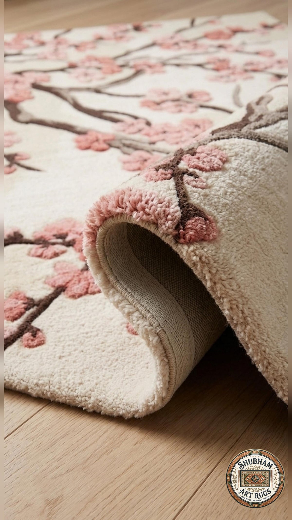 Hand Tufted Wool Rug, Cherry Blossom Floral, New Zealand wool, Japanese Style Carpet