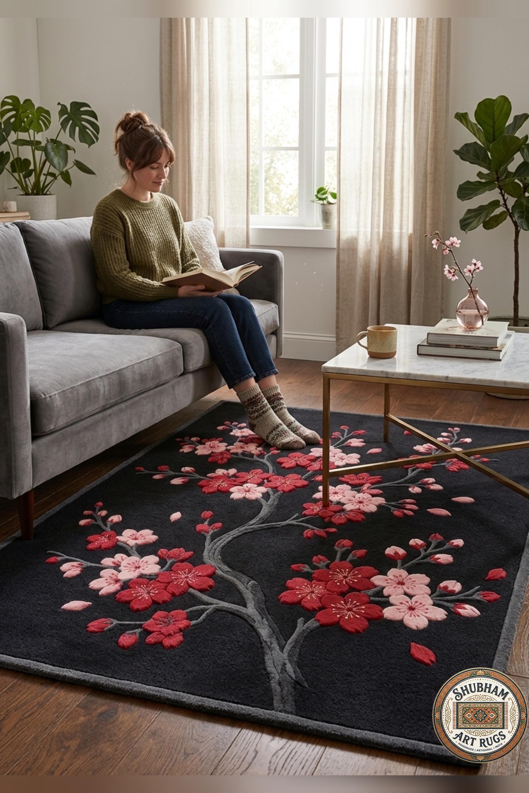 Hand Tufted Wool Cherry Blossom Rug, Japanese Floral Carpet, Black Pink Area Rug