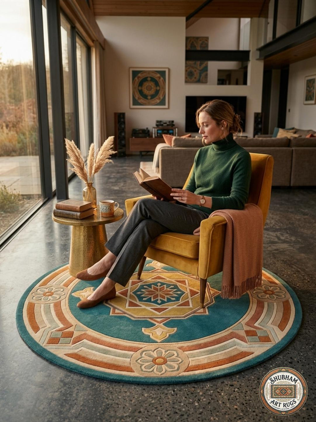 Teal Persian Medallion Wool Rug – Hand Tufted Geometric Living Room Carpet