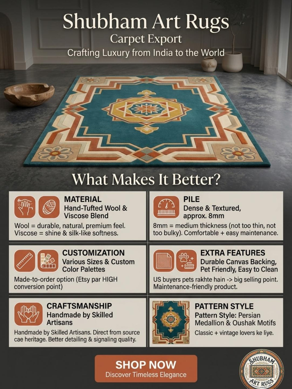 Teal Persian Medallion Wool Rug – Hand Tufted Geometric Living Room Carpet