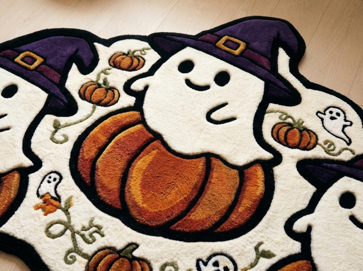 Hand Tufted New Zealand Wool Halloween Rug, Ghosts, Pumpkins, Witch Hats (Custom Shape)