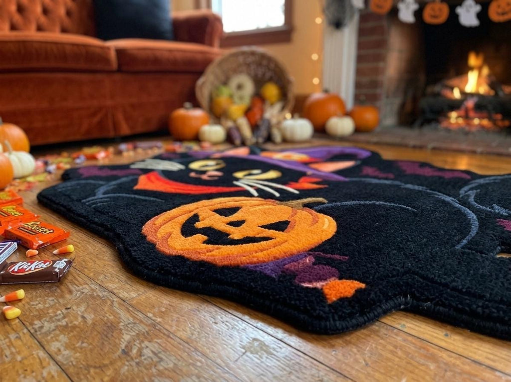 Hand Tufted Halloween Cat Rug, Black Cat Witch Rug, New Zealand Wool Area Rug, Spooky Pumpkin Decor, Gothic Fall Home Accent Gift Idea