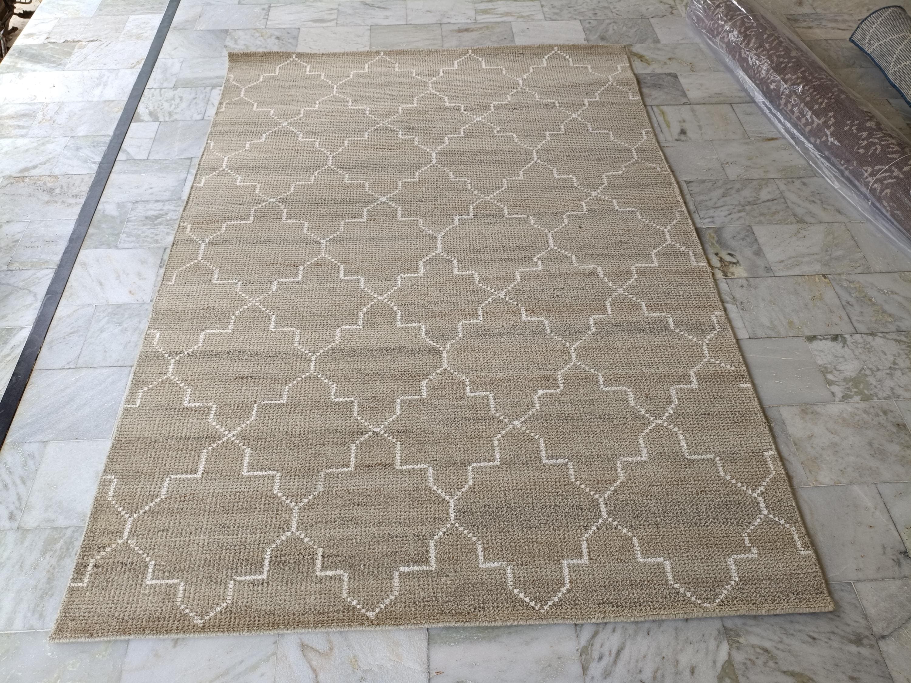 Hand Knotted Wool Rug, Beige Geometric Moroccan Style Living Room Carpet