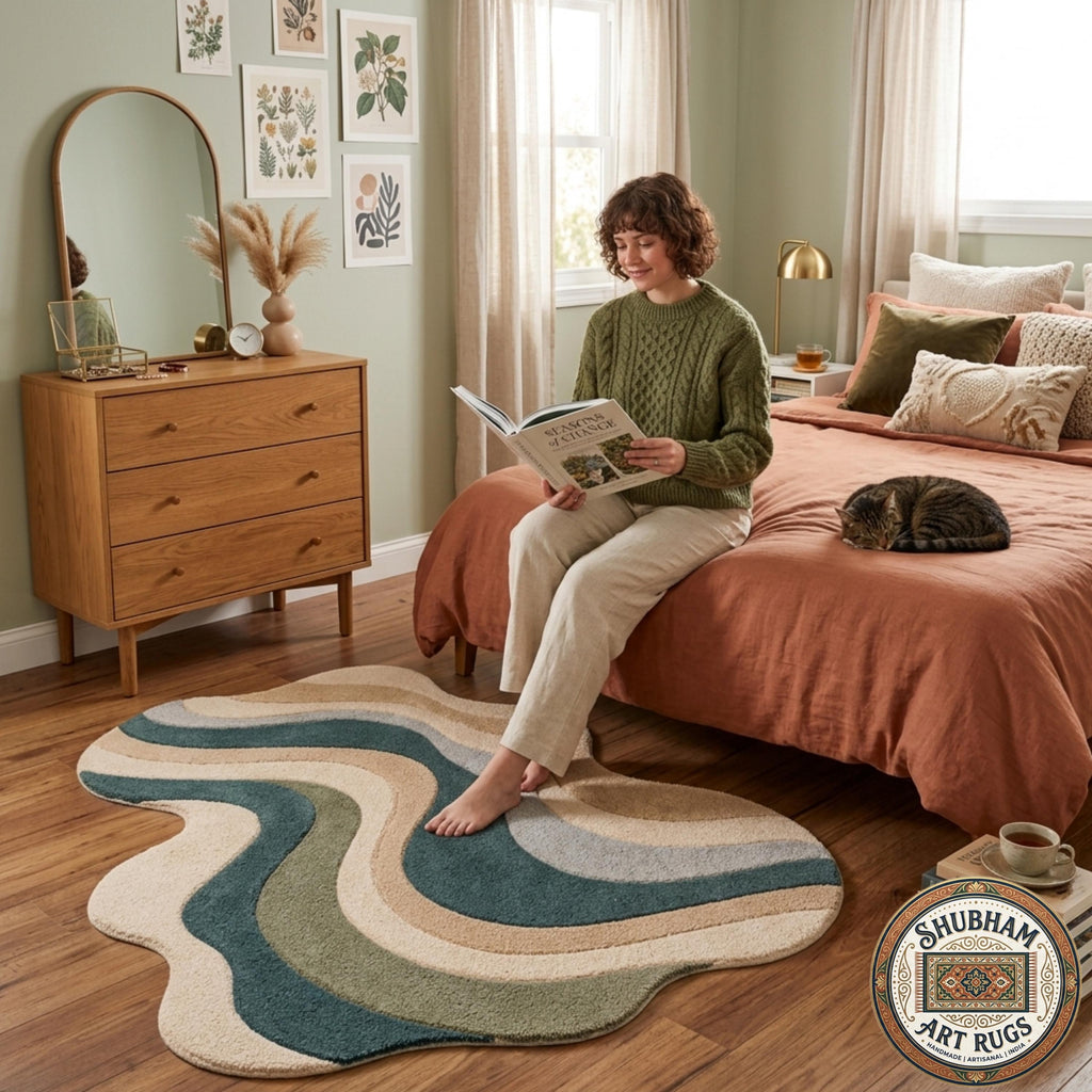 Hand Tufted Wool Rug, Abstract Wavy Area Carpet, New Zealand Blend, Custom Shape Decor