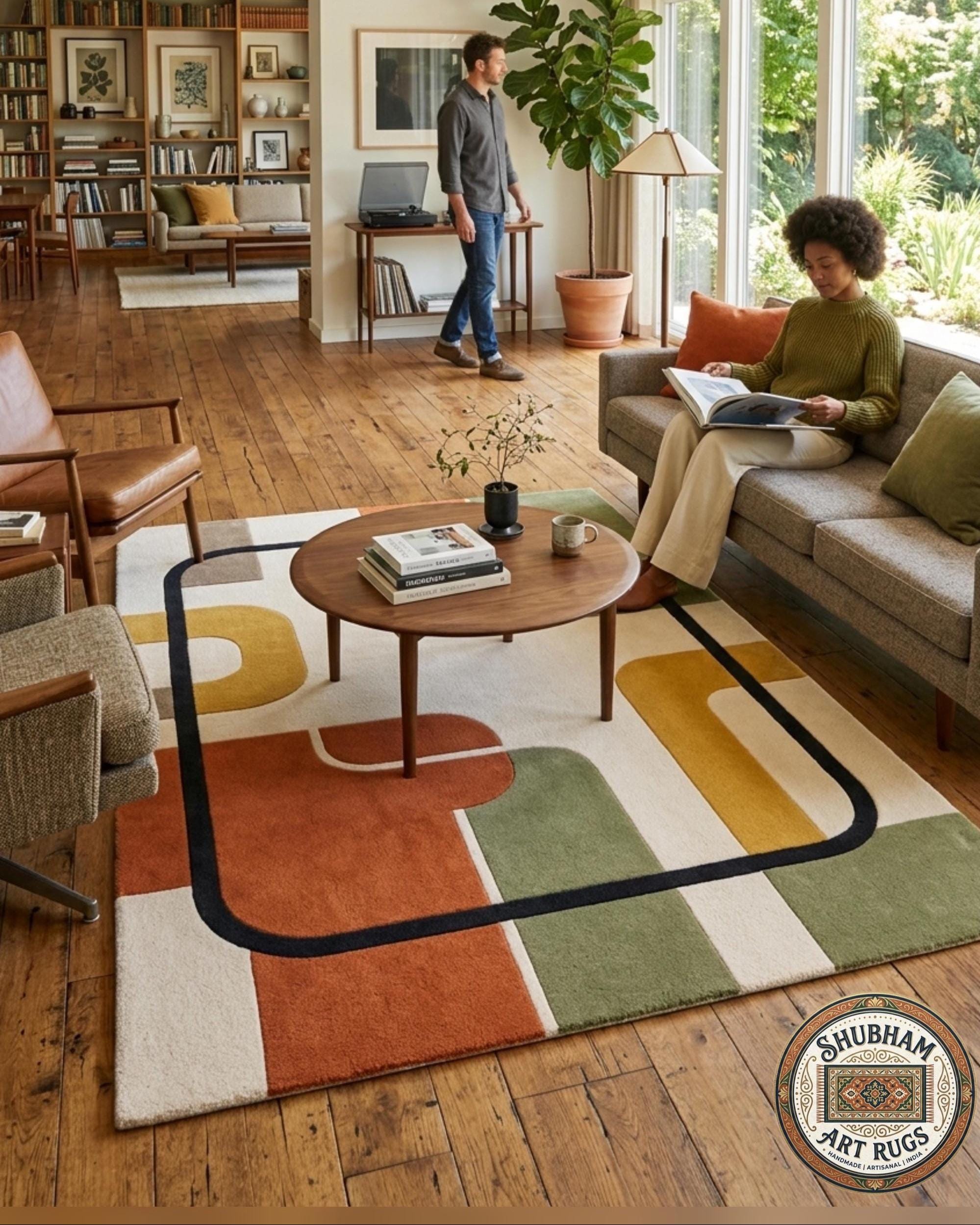 Hand Tufted Wool Rug, Mid Century Abstract Geometric Carpet, Organic Contemporary Decor