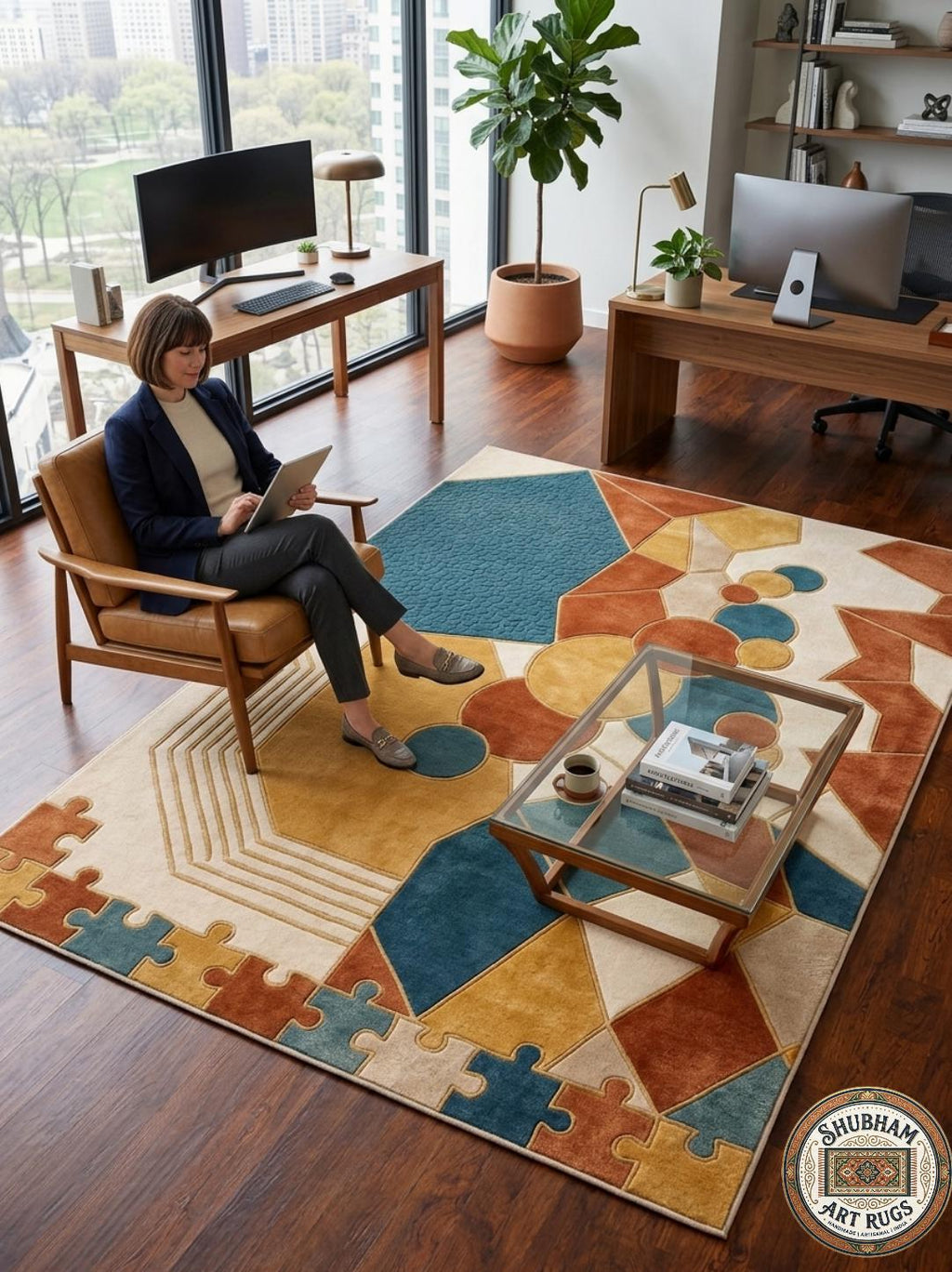 Hand Tufted Wool Rug, Abstract Geometric Puzzle Design, Modern Boho Carpet