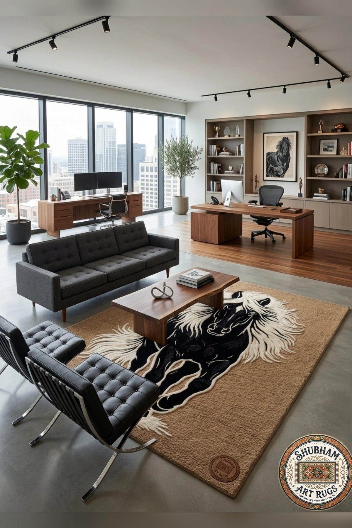 Hand Tufted Black Horse Wool Rug, Artistic Animal Area Carpet