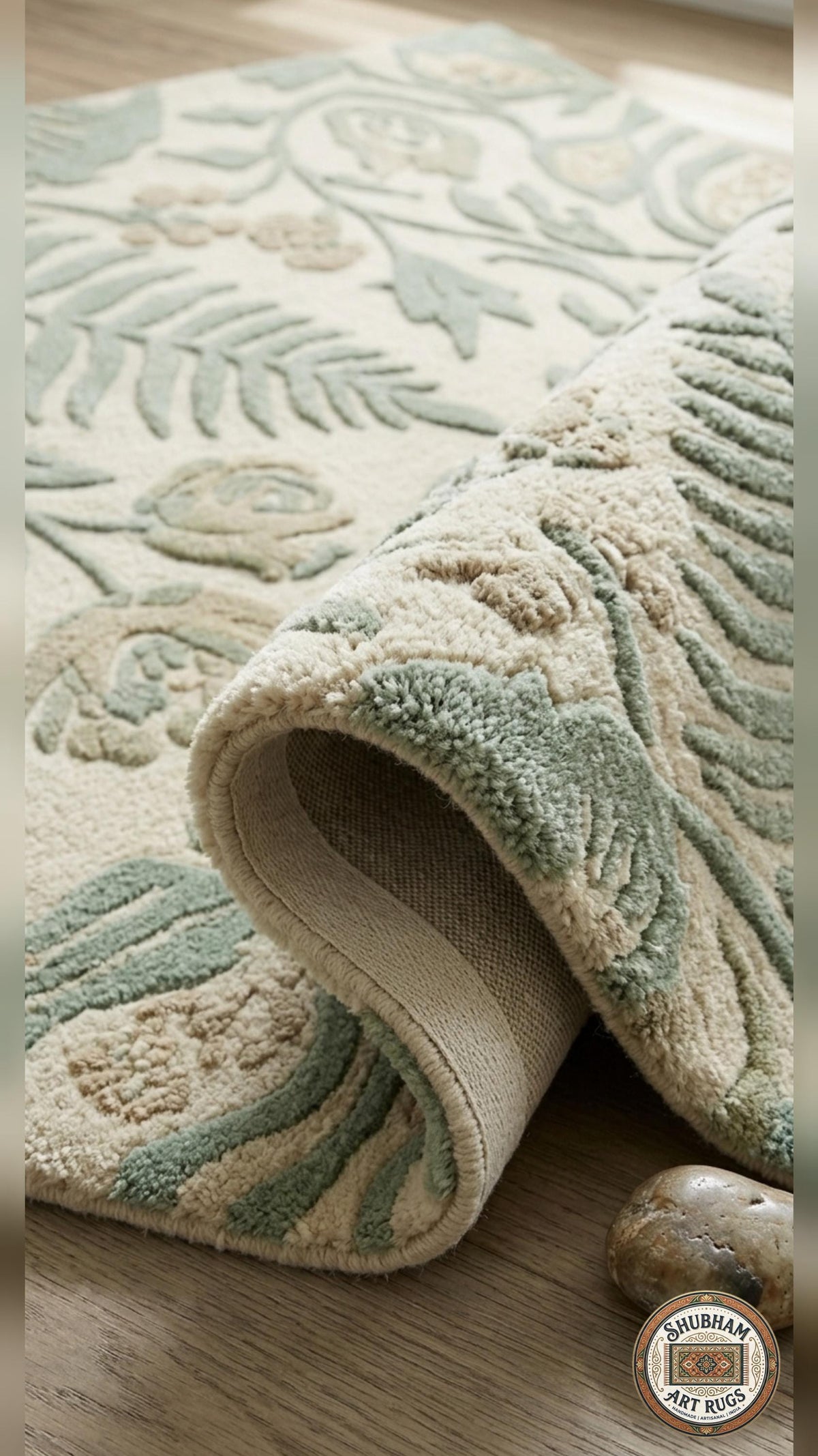 Hand Tufted Wool Rug, Botanical Design, Green Beige, Custom Size Area Carpet