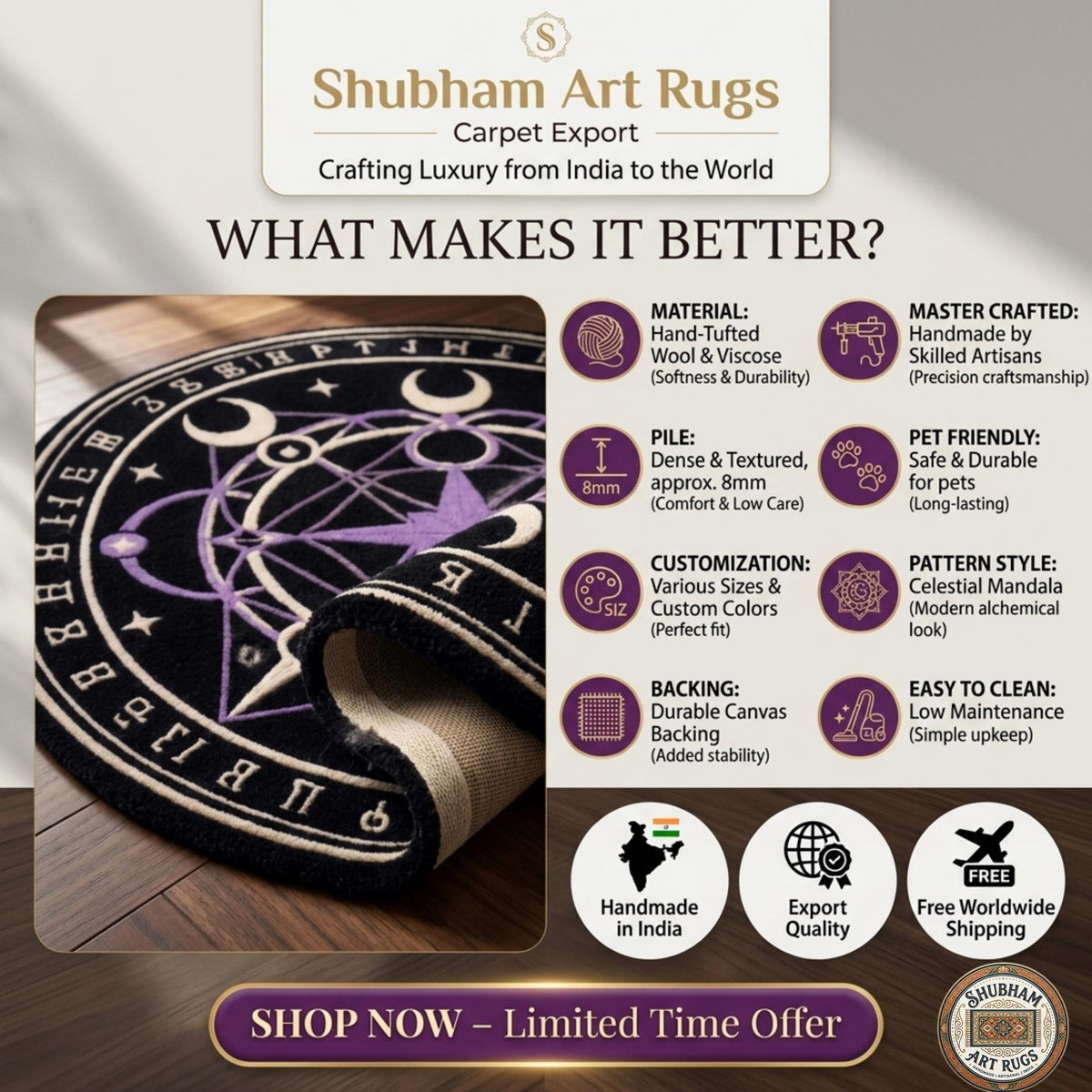Celestial Magic Circle Hand-Tufted New Zealand Wool Viscose Rug - Astrology Star Phase Hand-Tufted Area Carpet for Living Room, Bedroom & Meditation Spaces -Mid-Century Aesthetic Purple  Shubham Art Rugs advertisement with a black and white rug featuring celestial symbols on a wooden floor.
