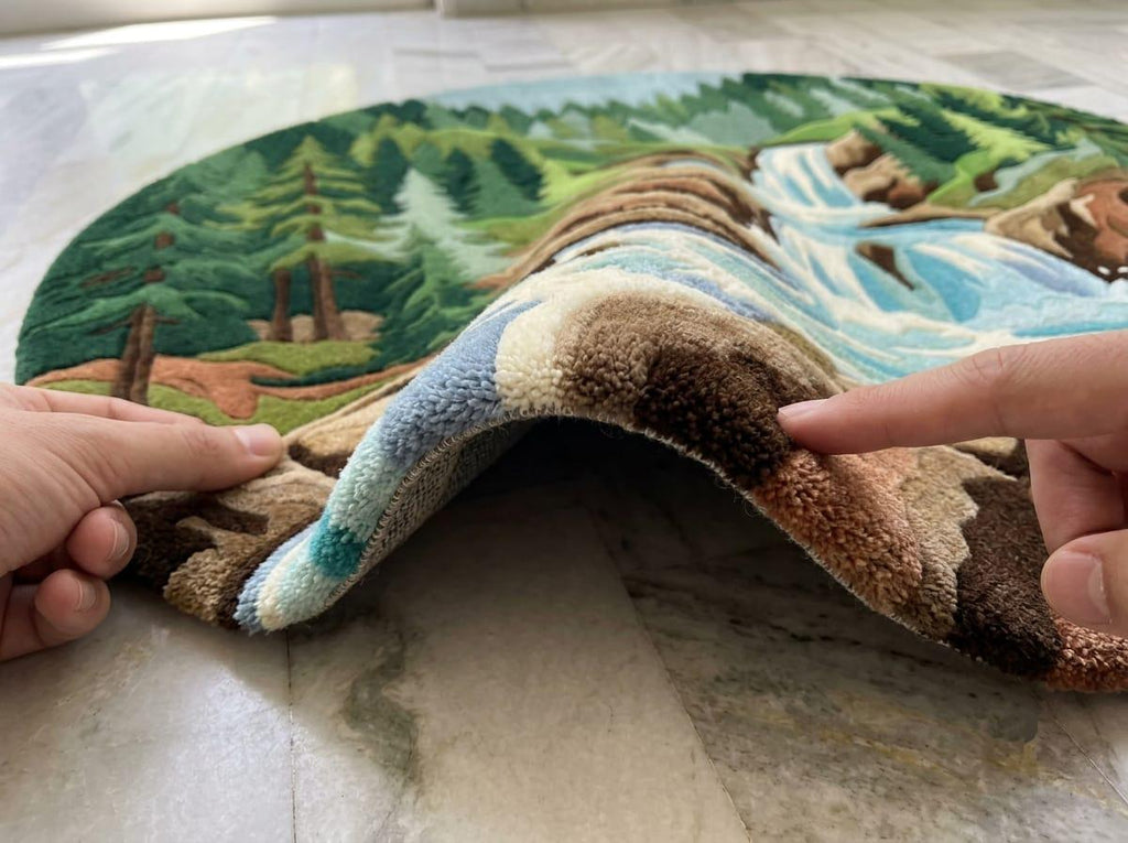  Rustic-lodge-bedroom-interior-styling-with-premium-round-handmade-wool-nature-landscape-carpet A close-up of a round area rug with a detailed landscape design featuring a waterfall, forest, and mountains. Two hands are shown lifting the plush pile of the rug to demonstrate its texture and depth.