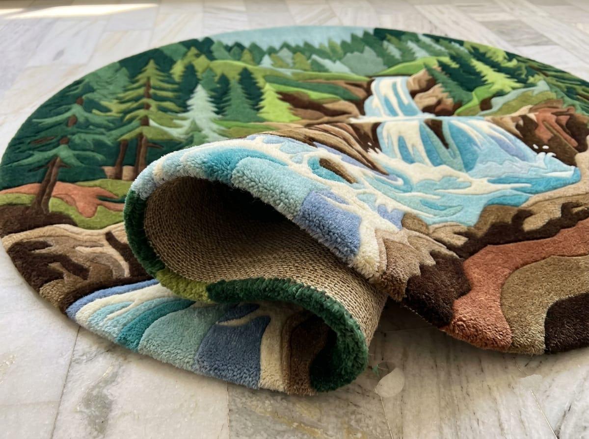  Shubham-Art-Rugs-hand-tufted-new-zealand-wool-round-rug-forest-waterfall-landscape-rustic-cabin-decor A round area rug with a detailed landscape design featuring a waterfall, pine trees, and rocky terrain, shown partially rolled up on a light-colored marble floor.