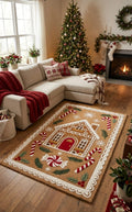 Hand-Tufted Wool Gingerbread House Christmas Rug - Festive Brown/Red Candy Cane Indian Artisan Home Decor Carpet