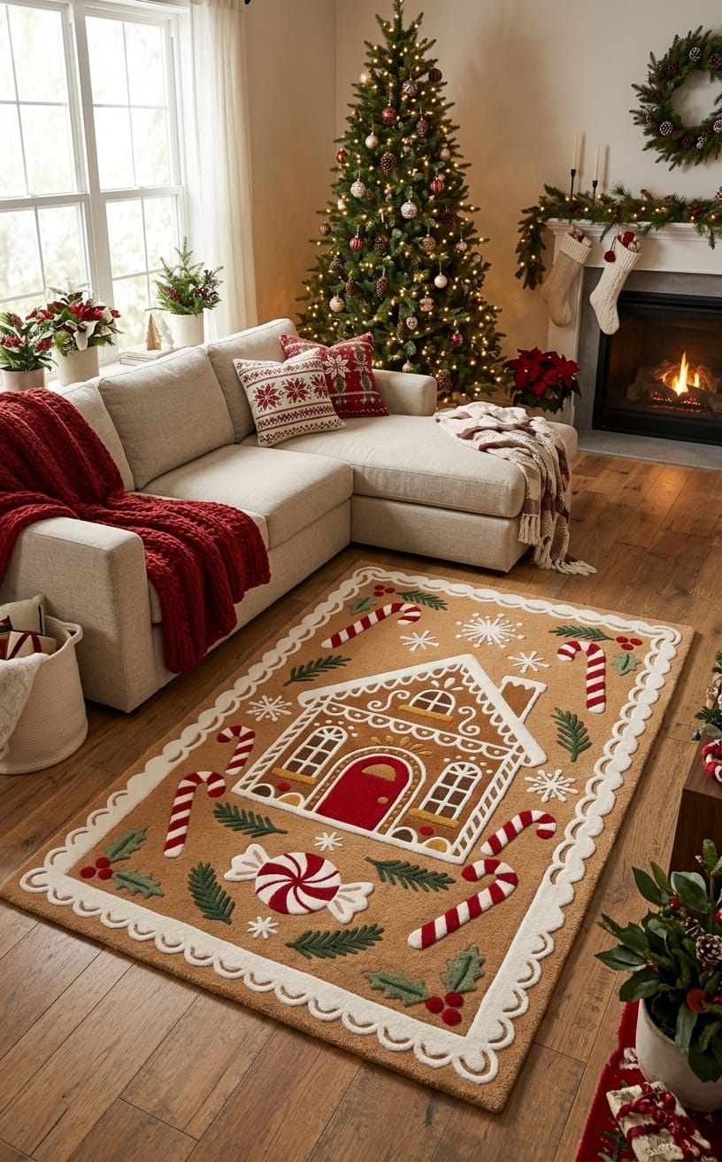 Hand-Tufted Wool Gingerbread House Christmas Rug - Festive Brown/Red Candy Cane Indian Artisan Home Decor Carpet