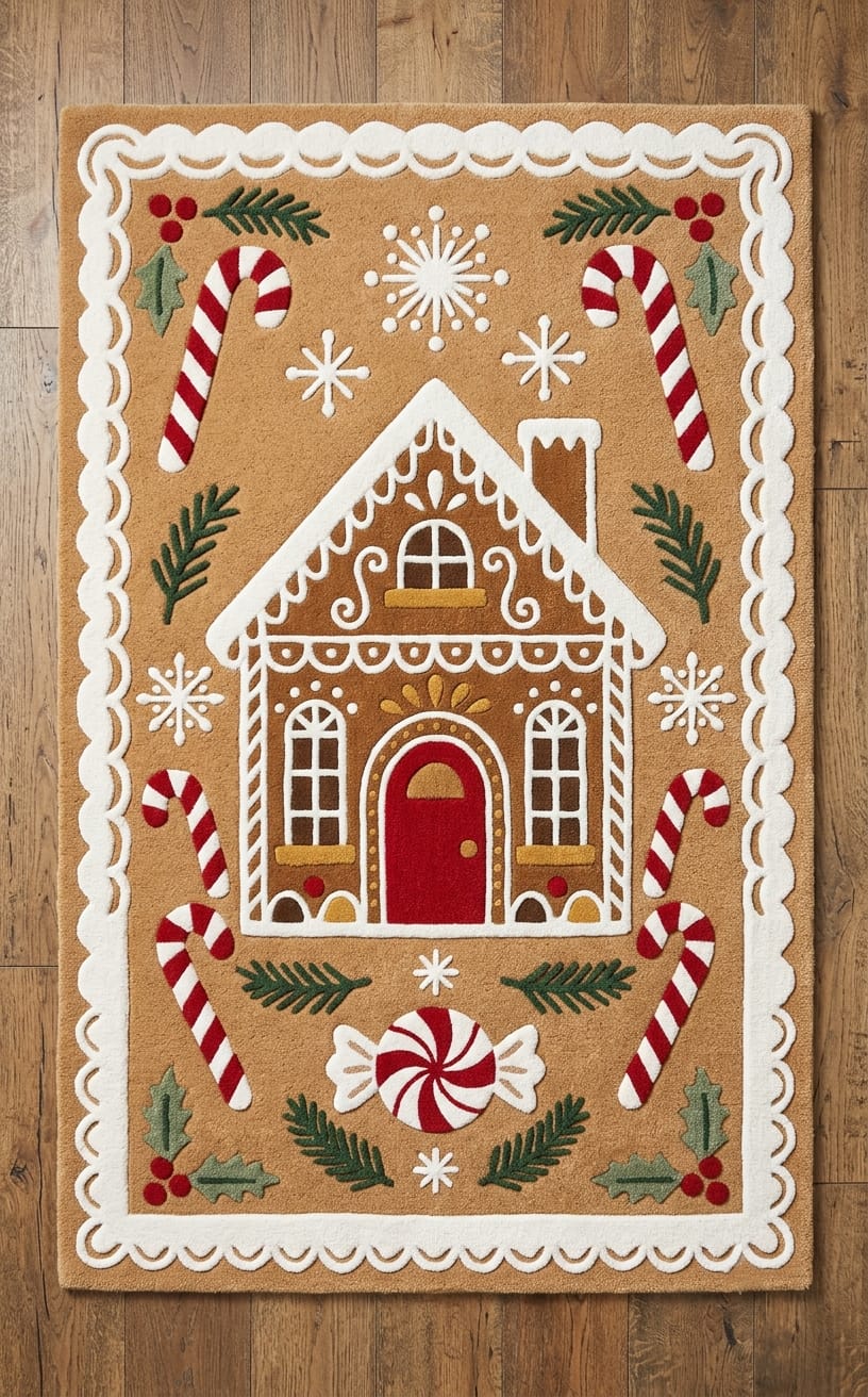 Hand-Tufted Wool Gingerbread House Christmas Rug - Festive Brown/Red Candy Cane Indian Artisan Home Decor Carpet