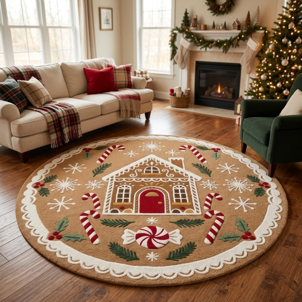 Hand-Tufted Wool Gingerbread House Christmas Rug - Festive Brown/Red Candy Cane Indian Artisan Home Decor Carpet