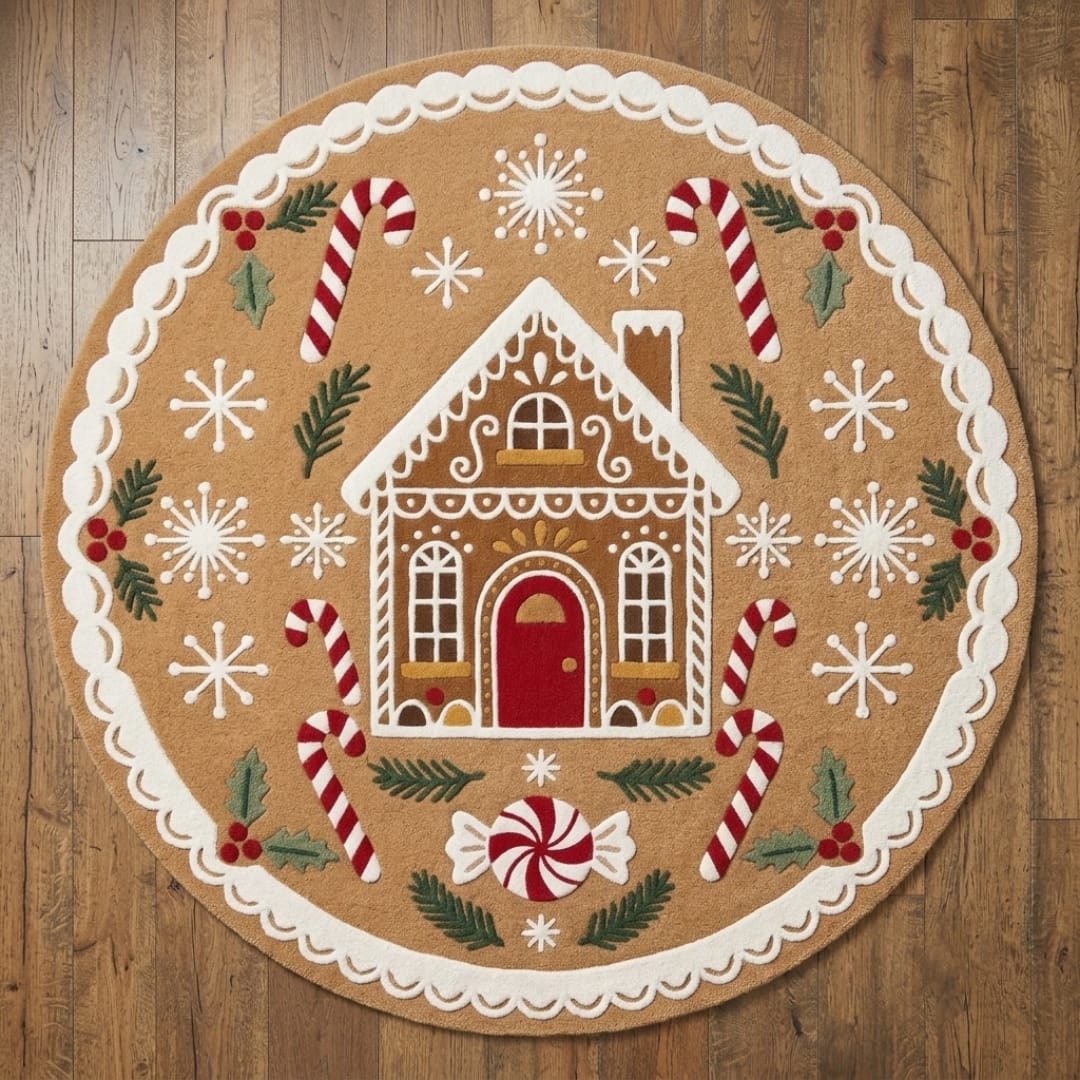 Hand-Tufted Wool Gingerbread House Christmas Rug - Festive Brown/Red Candy Cane Indian Artisan Home Decor Carpet
